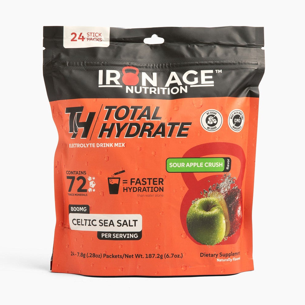 Iron Age Nutrition Total Hydrate™ Sour Apple Crush electrolyte powder in a colorful container, ready for hydration and refreshment.