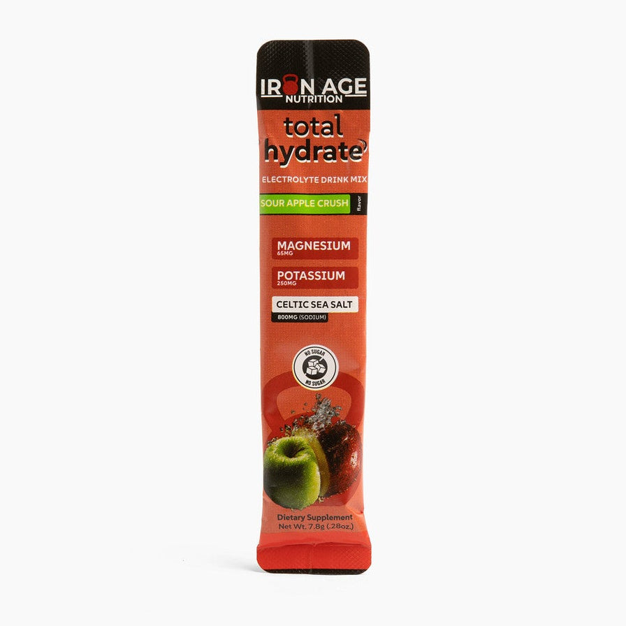 Iron Age Nutrition Total Hydrate™ Electrolyte Powder in Sour Apple Crush flavor, showing the vibrant packaging and powder scoop.