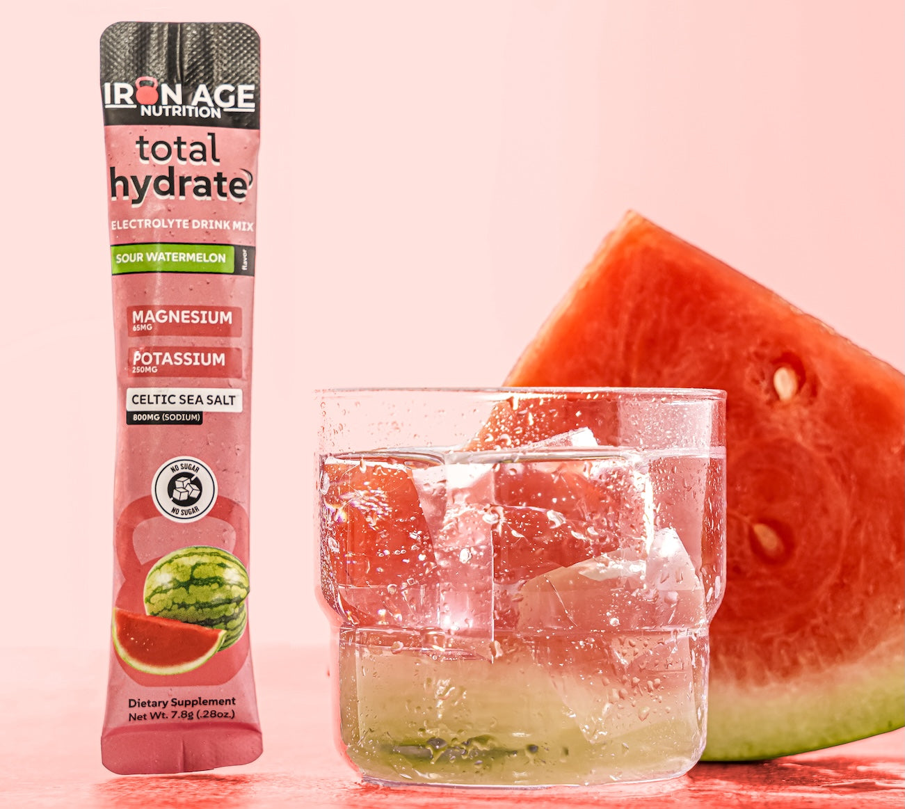 Total Hydrate™ Electrolyte Powder by Iron Age Nutrition in Sour Watermelon flavor, showing the colorful electrolyte powder packaging.
