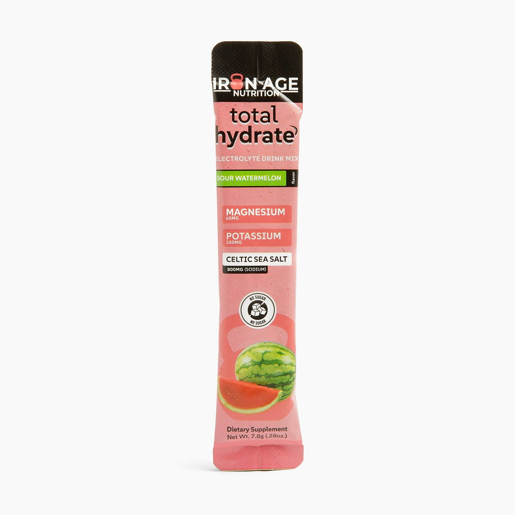Iron Age Nutrition Total Hydrate™ Sour Watermelon electrolyte powder in a container with scoops and flavoring visible.