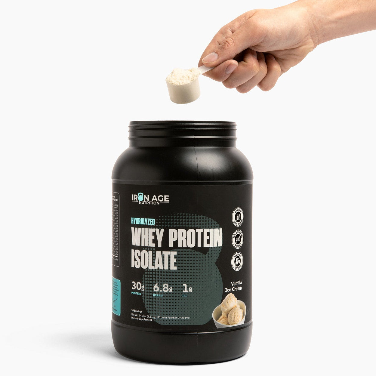 Iron Age Nutrition Whey Protein Isolate vanilla flavor, showing the protein powder container with vanilla ice cream flavor label.