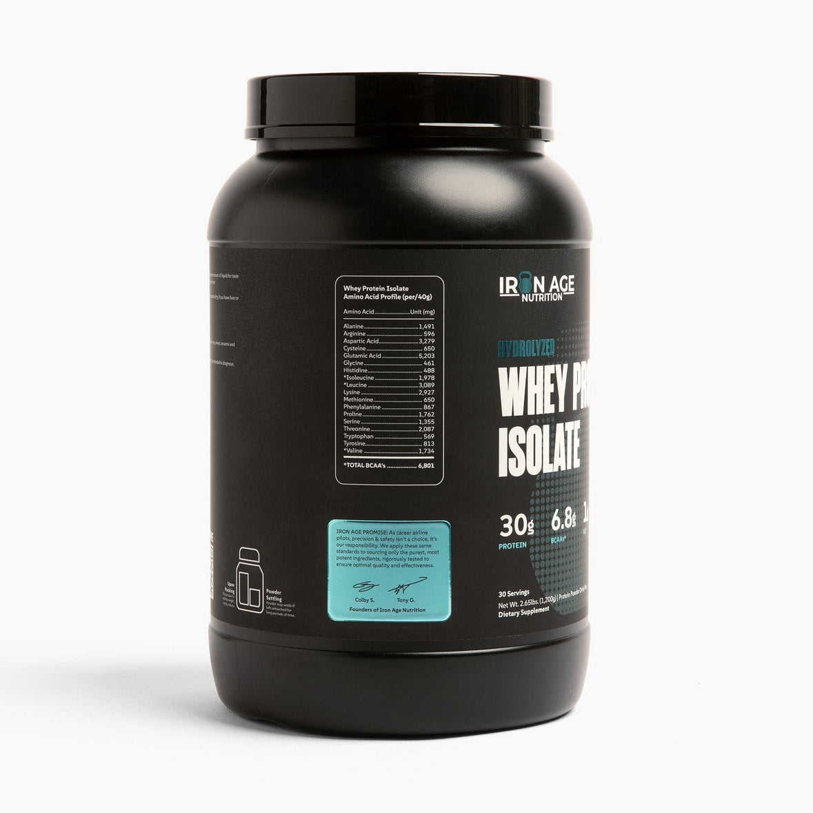Iron Age Nutrition Whey Protein Isolate vanilla ice cream flavor, showing the protein powder container and scoop with powder.