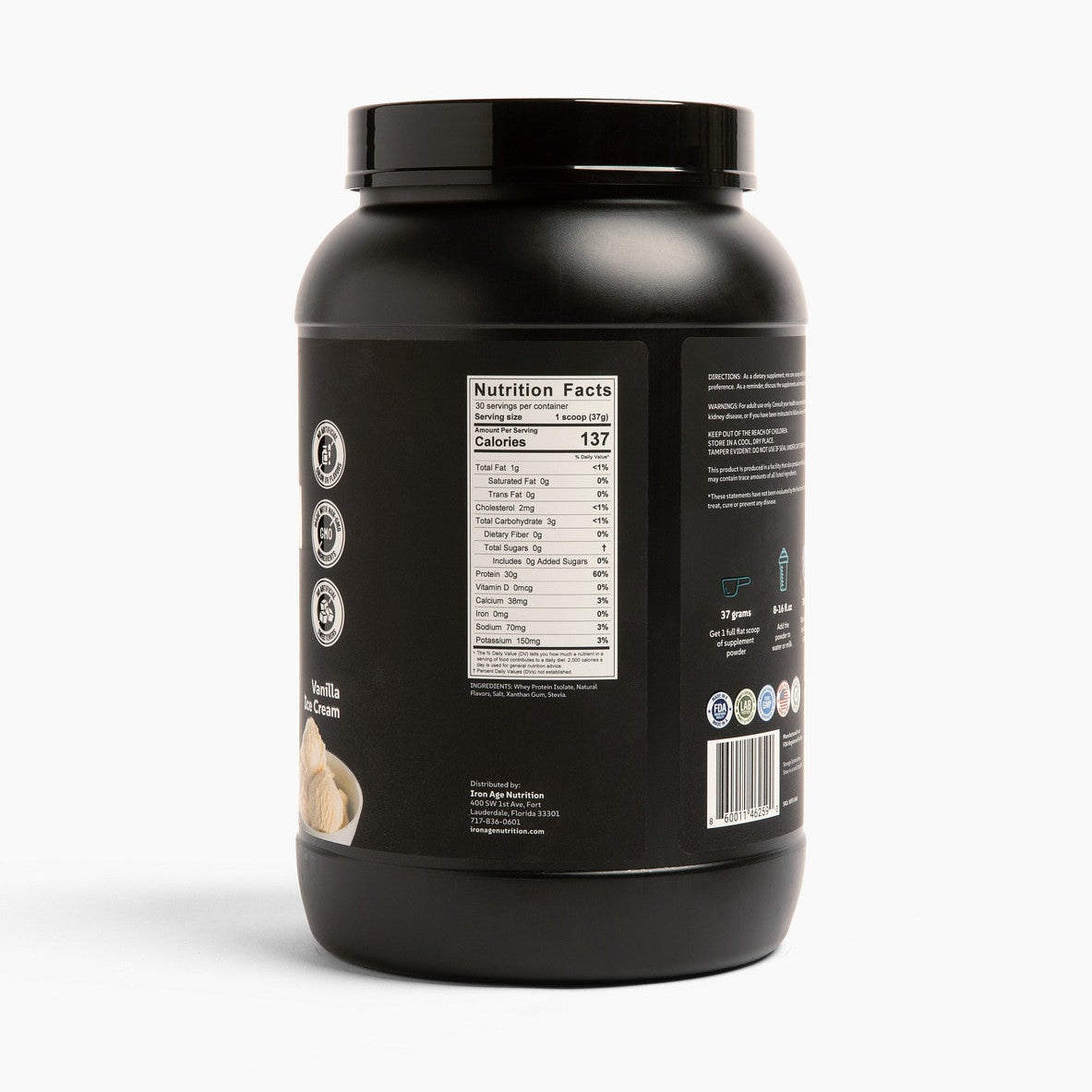 Iron Age Nutrition Whey Protein Isolate vanilla flavor with 30g protein per serving in a scoop and container.