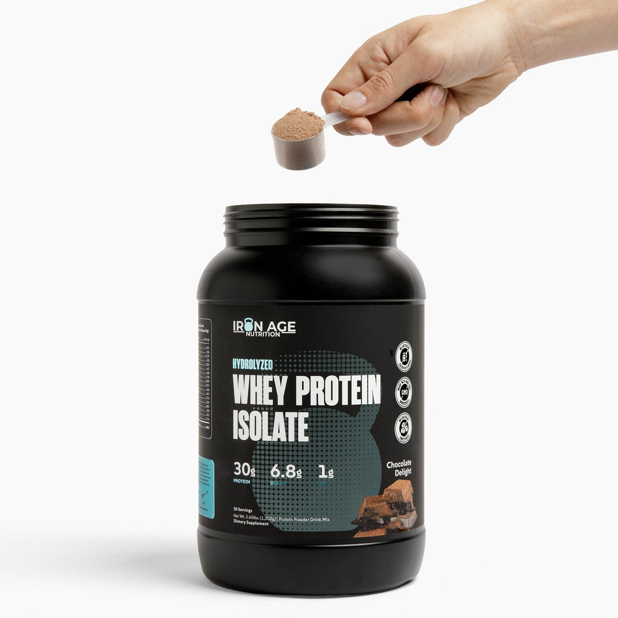 Vanilla Ice Cream flavored Iron Age Nutrition Whey Protein Isolate with 30g protein per serving, shown in a scoop.