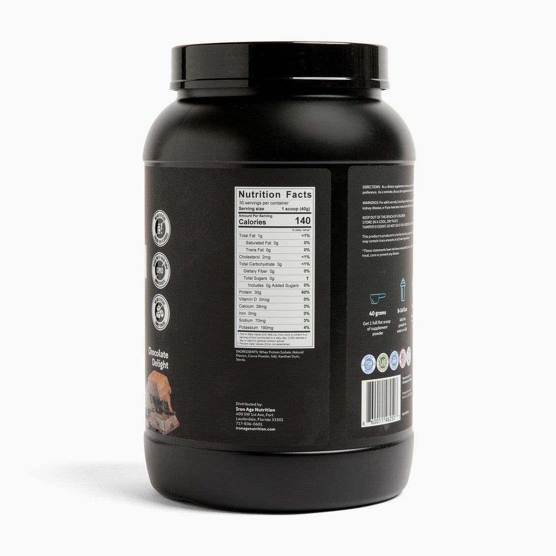 Iron Age Nutrition Whey Protein Isolate vanilla flavor in a shaker cup, showing the protein powder packaging and serving scoop.