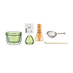 Isshiki x Hario Yabukita matcha set with ceramic matcha bowl and cup by Isshiki Matcha