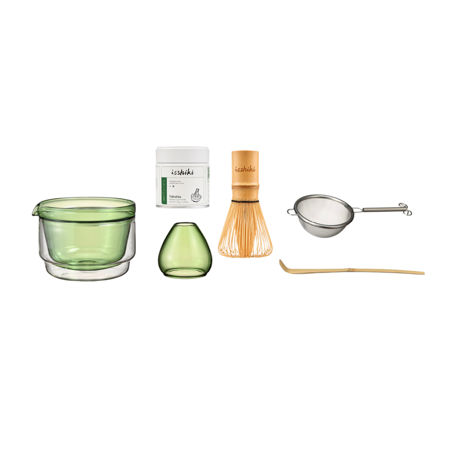Isshiki x Hario Yabukita matcha set with ceramic matcha bowl and cup by Isshiki Matcha