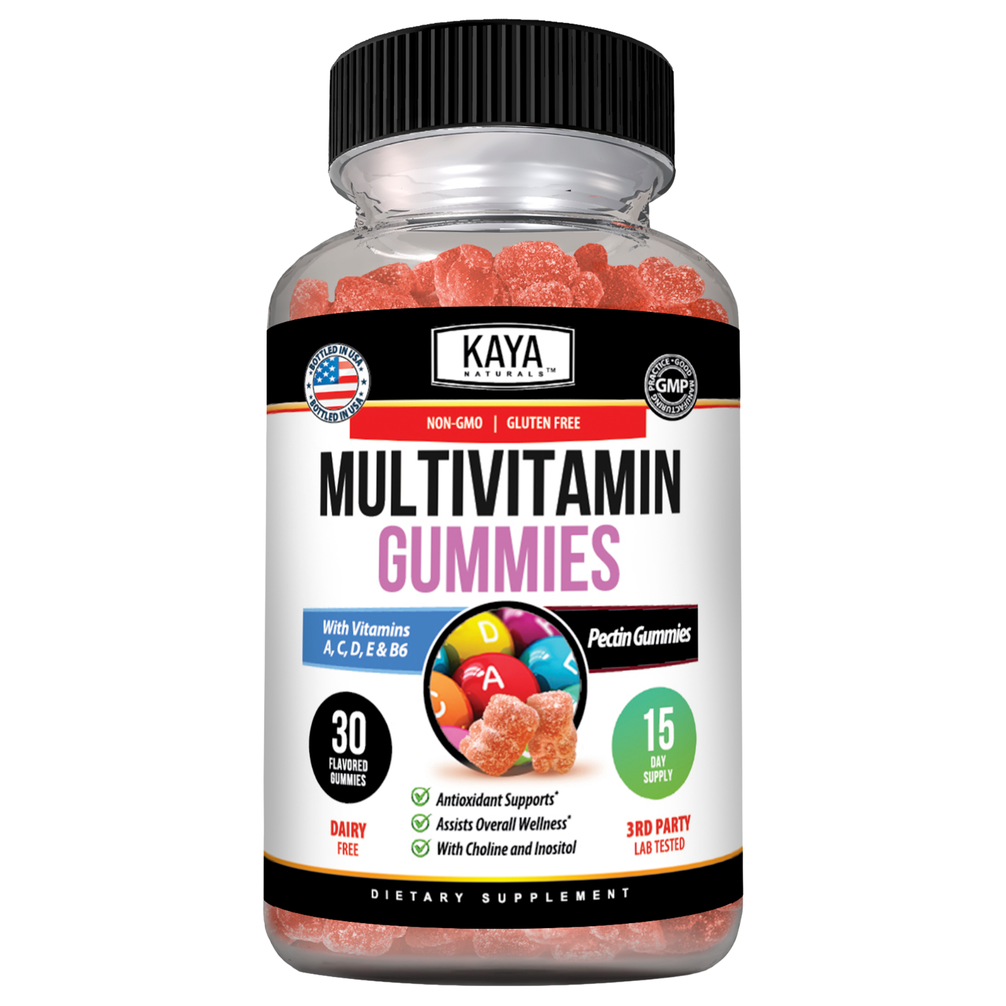 Assorted Kaya Naturals Daily Multivitamin Gummies in a clear jar, showcasing colorful gummy vitamins for daily health support.