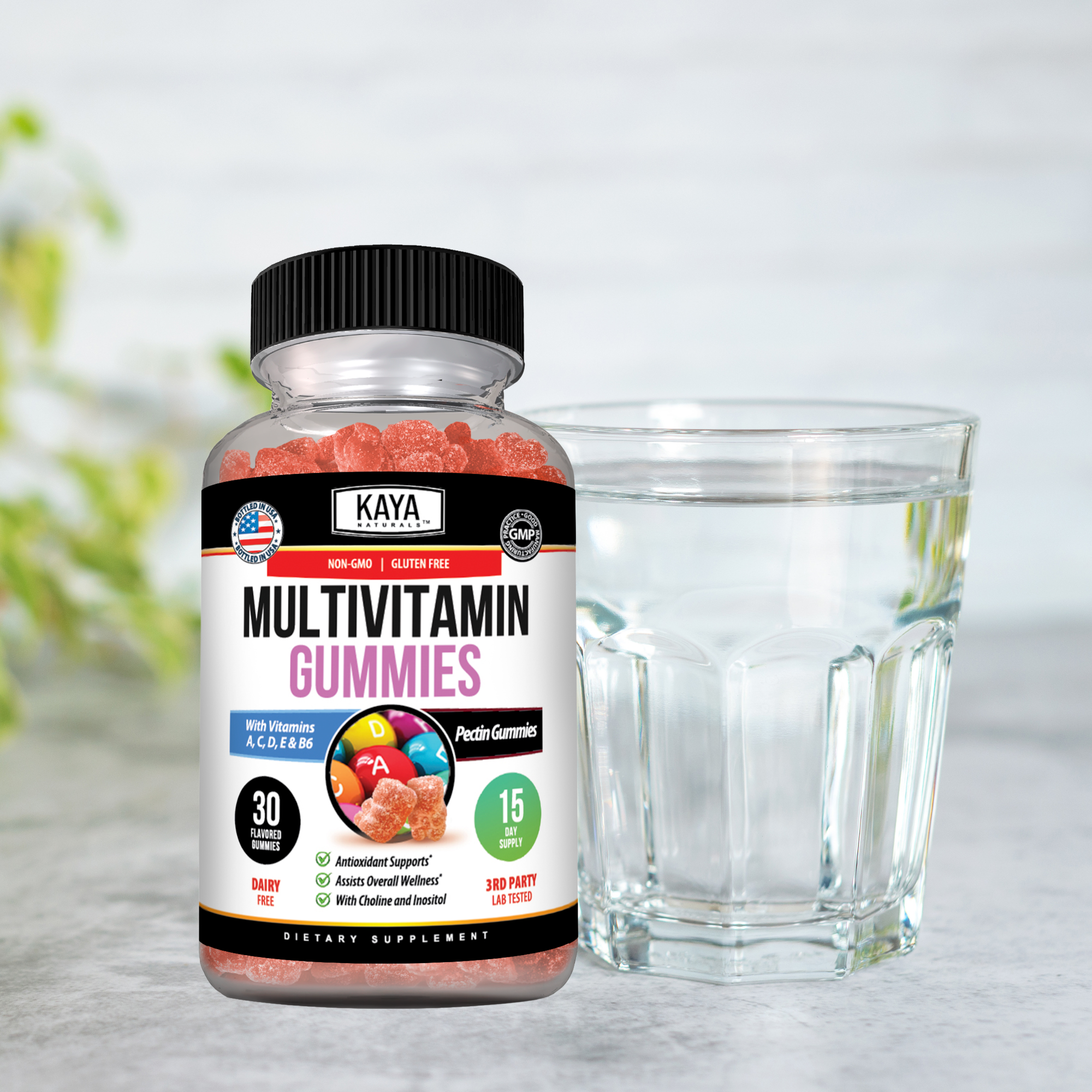Kaya Naturals Daily Multivitamin Gummies in a clear jar, showing colorful gummy vitamins for daily health support.
