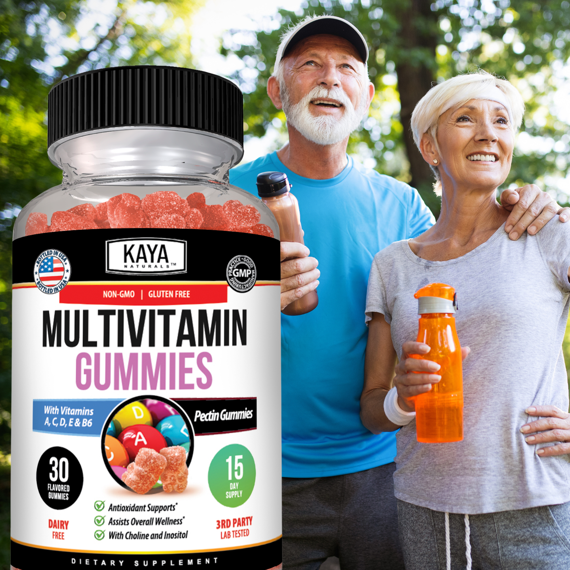 Kaya Naturals Daily Multivitamin Gummies in a clear container, showing colorful gummy vitamins on a white background.