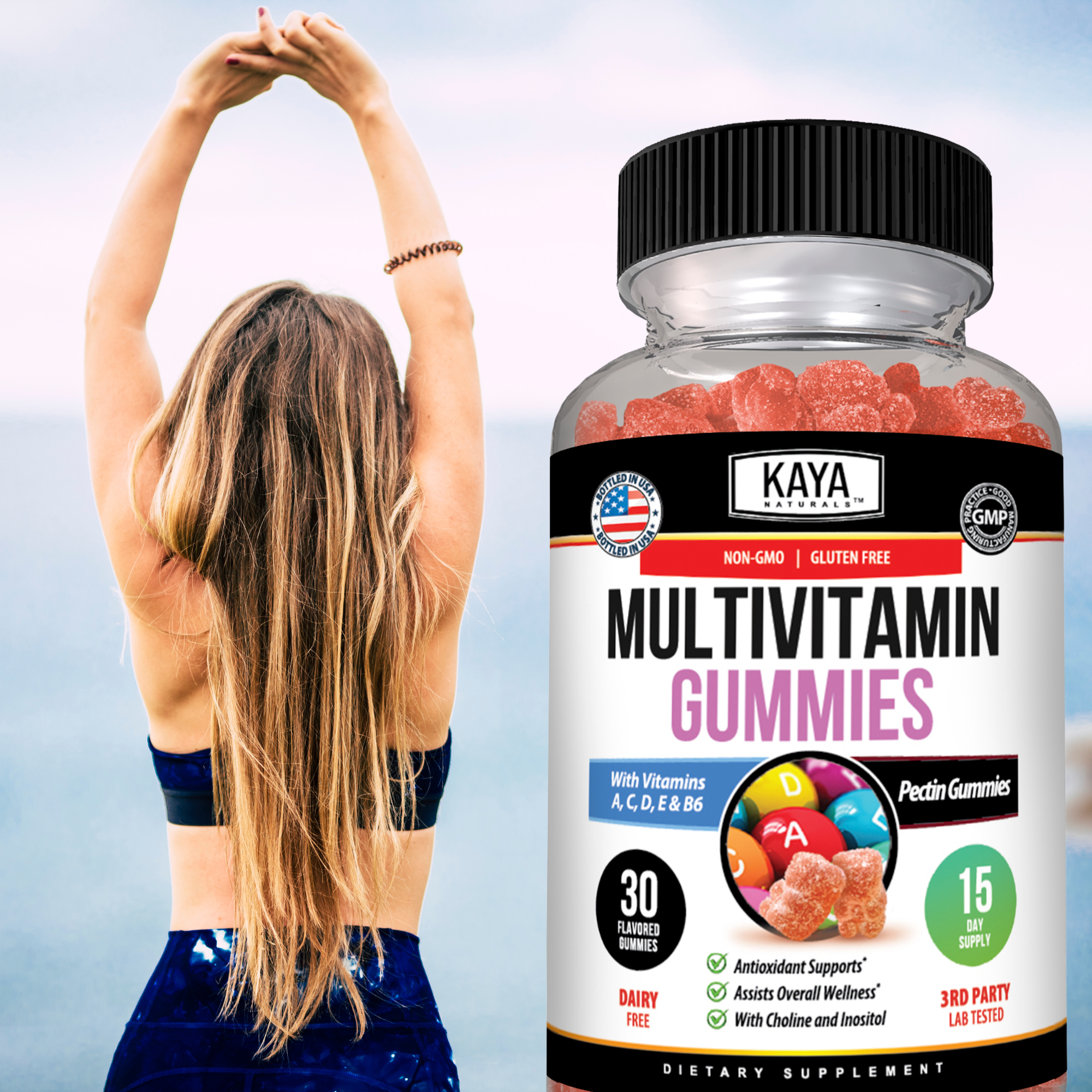 Kaya Naturals Daily Multivitamin Gummies in a bottle, colorful chewable vitamins for daily health support