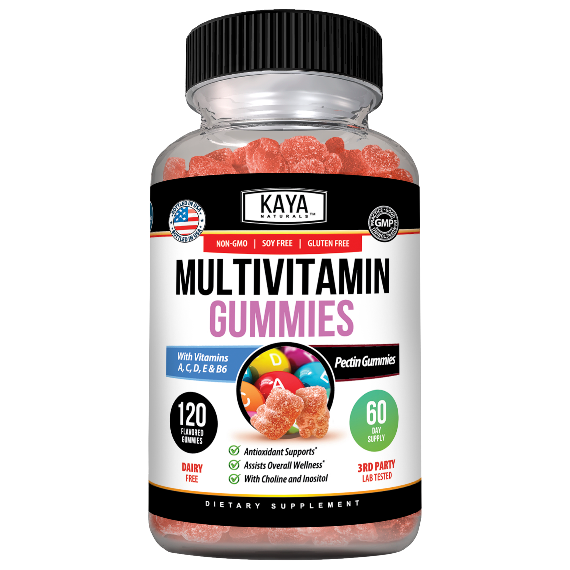 Kaya Naturals Daily Multivitamin Gummies in a jar, colorful gummy vitamins designed for daily nutritional support.