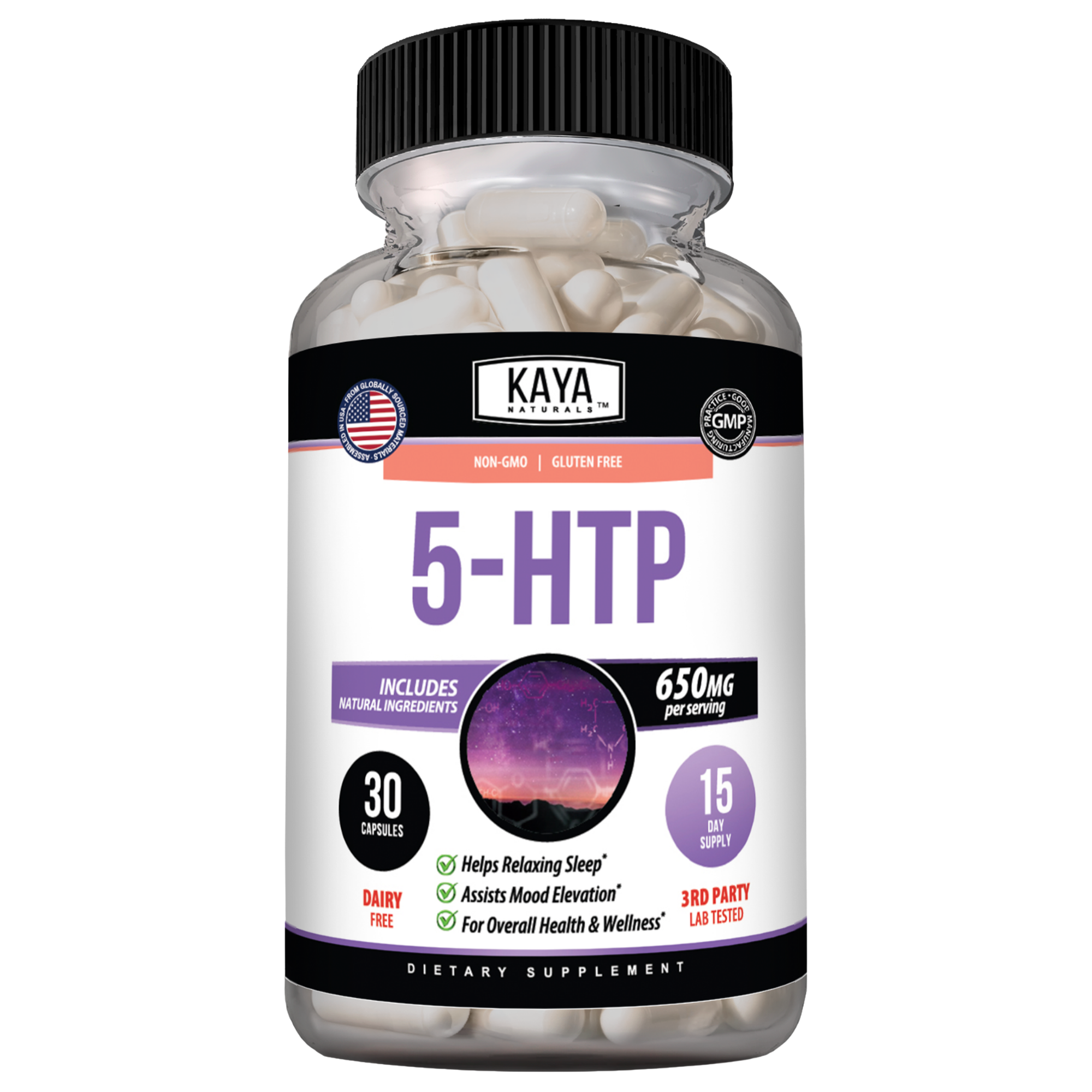 Kaya Naturals 5-HTP supplement bottle with label, showing 30 capsules for mood and sleep support.