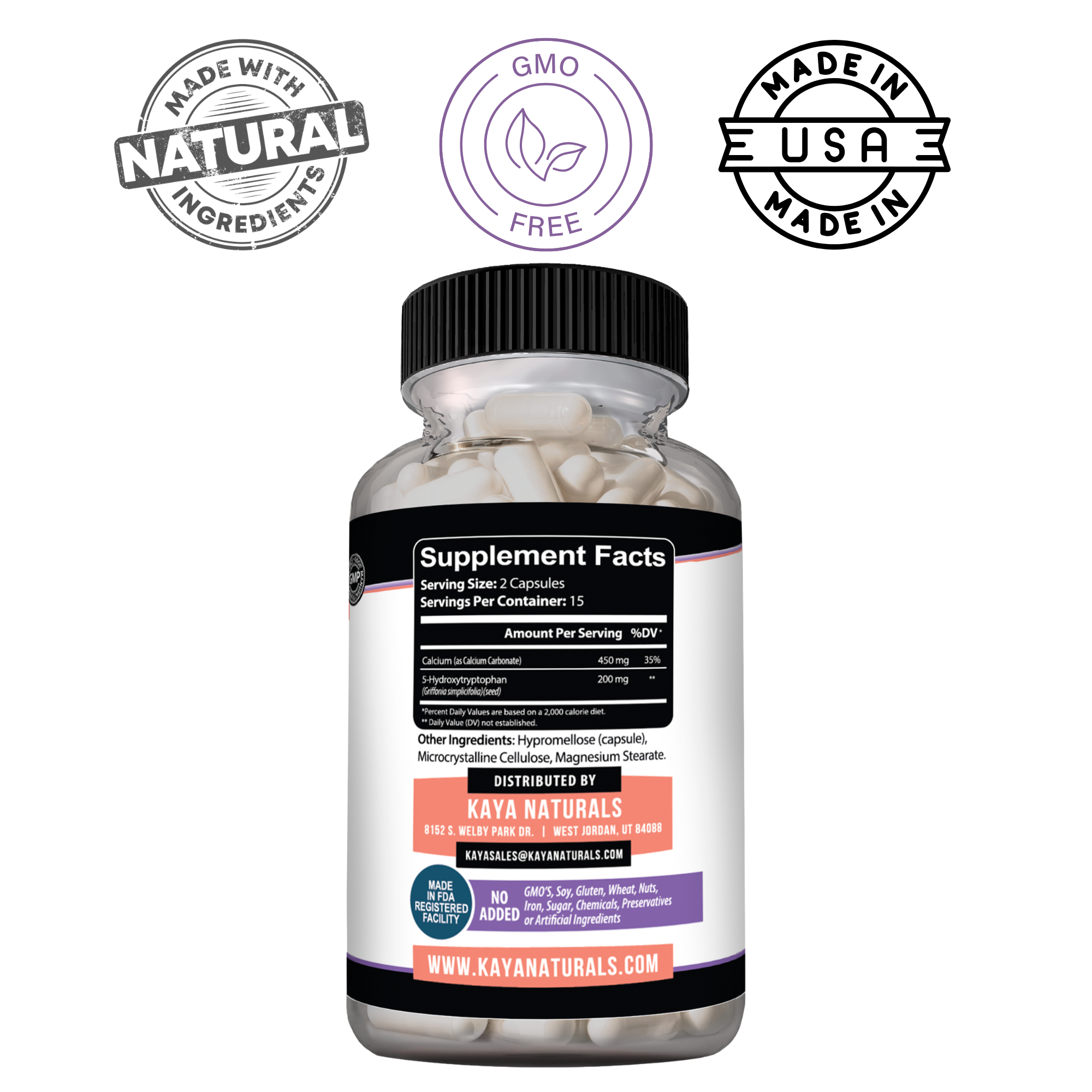 Bottle of Kaya Naturals 5-HTP supplement with label showing 30 capsules for mood and sleep support.
