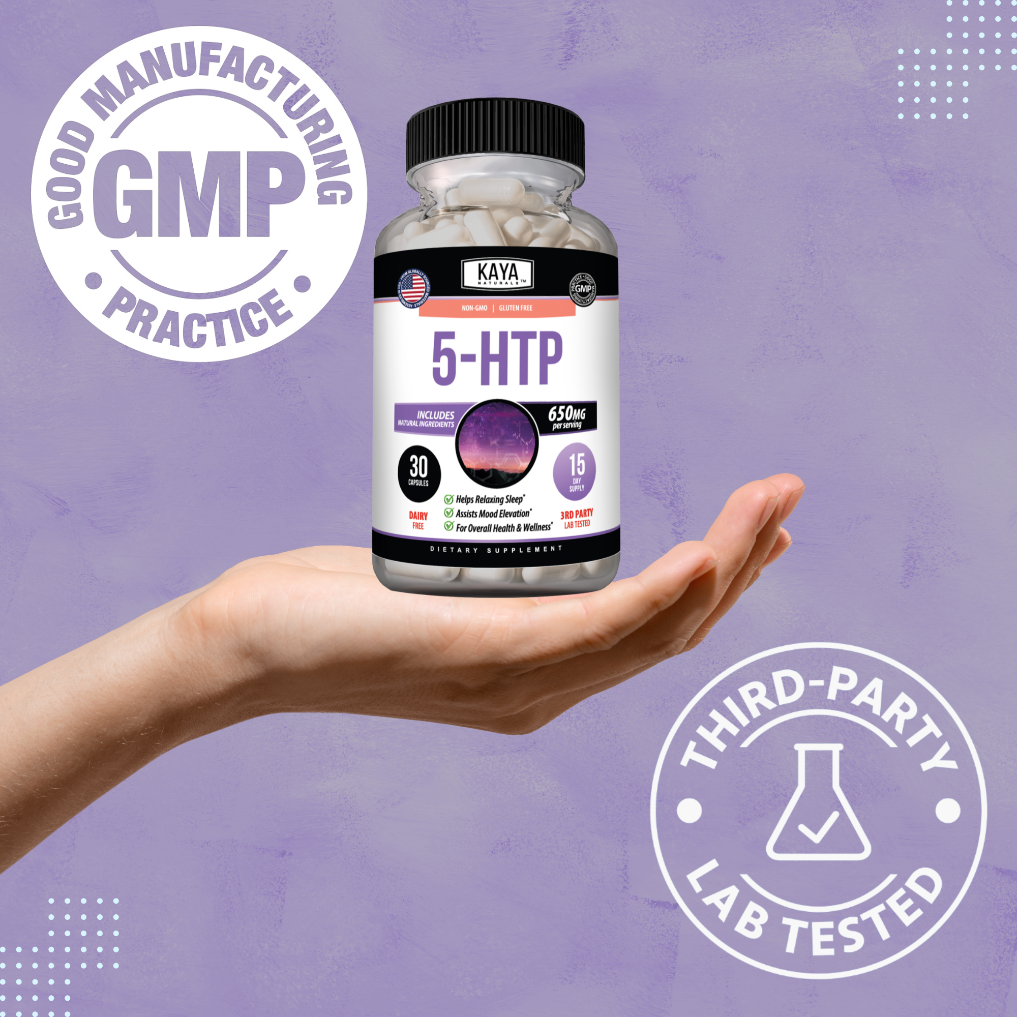 Kaya Naturals 5-HTP supplement bottle with white label and natural capsule cap, showcasing the product packaging and branding
