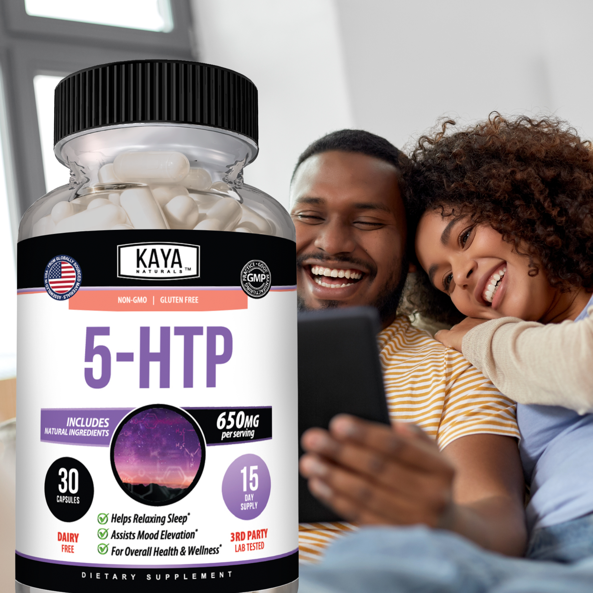 Bottle of Kaya Naturals 5-HTP supplement with label showing 30 capsules and natural ingredients.
