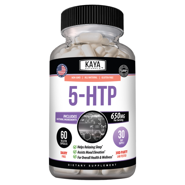 Bottle of Kaya Naturals 5-HTP supplement showing the label with capsules inside the transparent container.