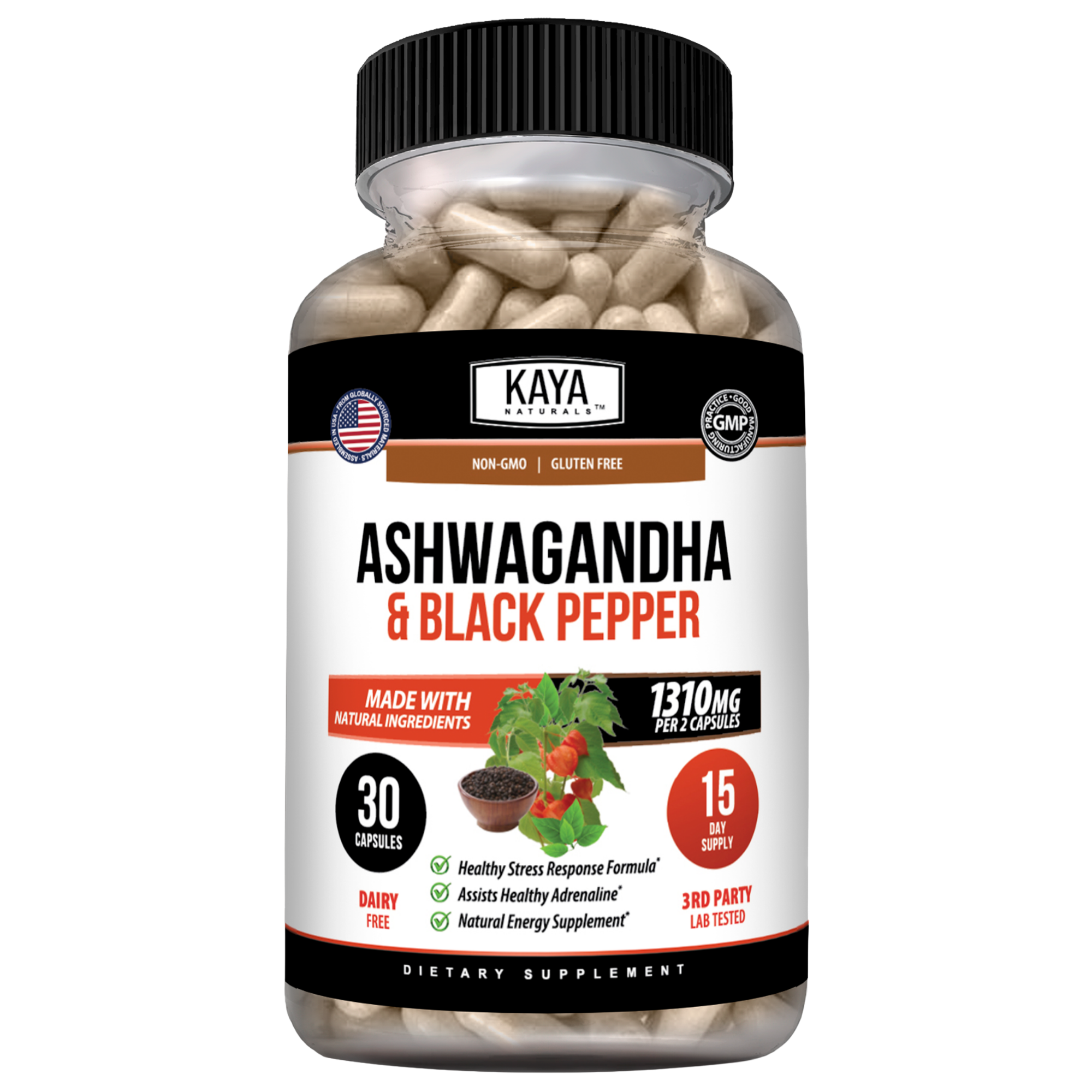 Kaya Naturals Ashwagandha supplement bottle with label, featuring capsules or powder form on a neutral background.