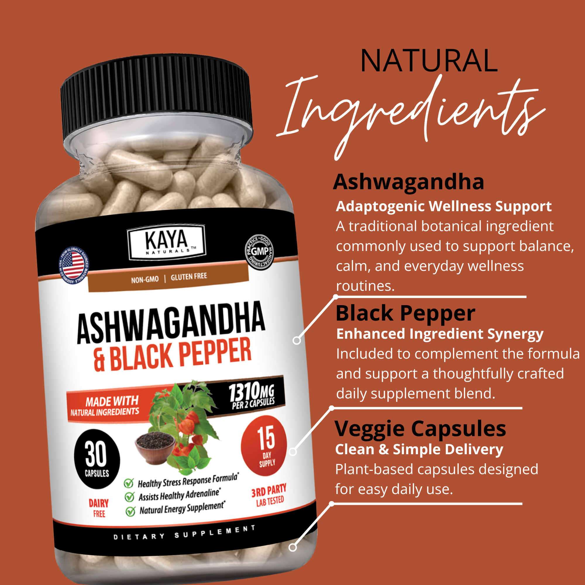 Organic Ashwagandha supplement by Kaya Naturals in a clear glass jar with a label showing the product name.