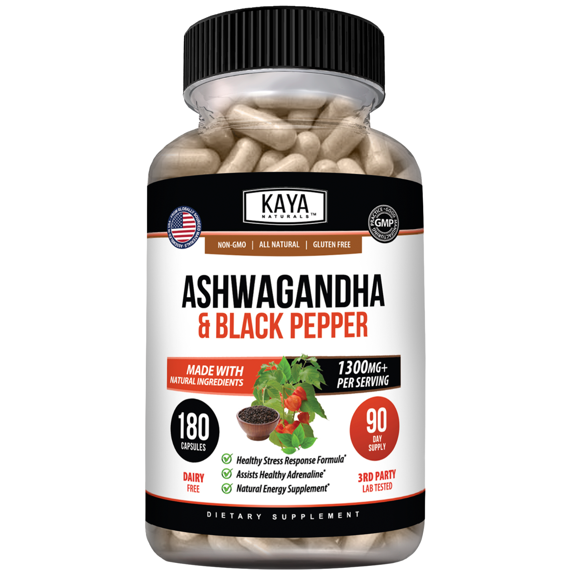 Kaya Naturals Ashwagandha supplement bottle with white label and green accents, containing capsules for stress relief and wellness.