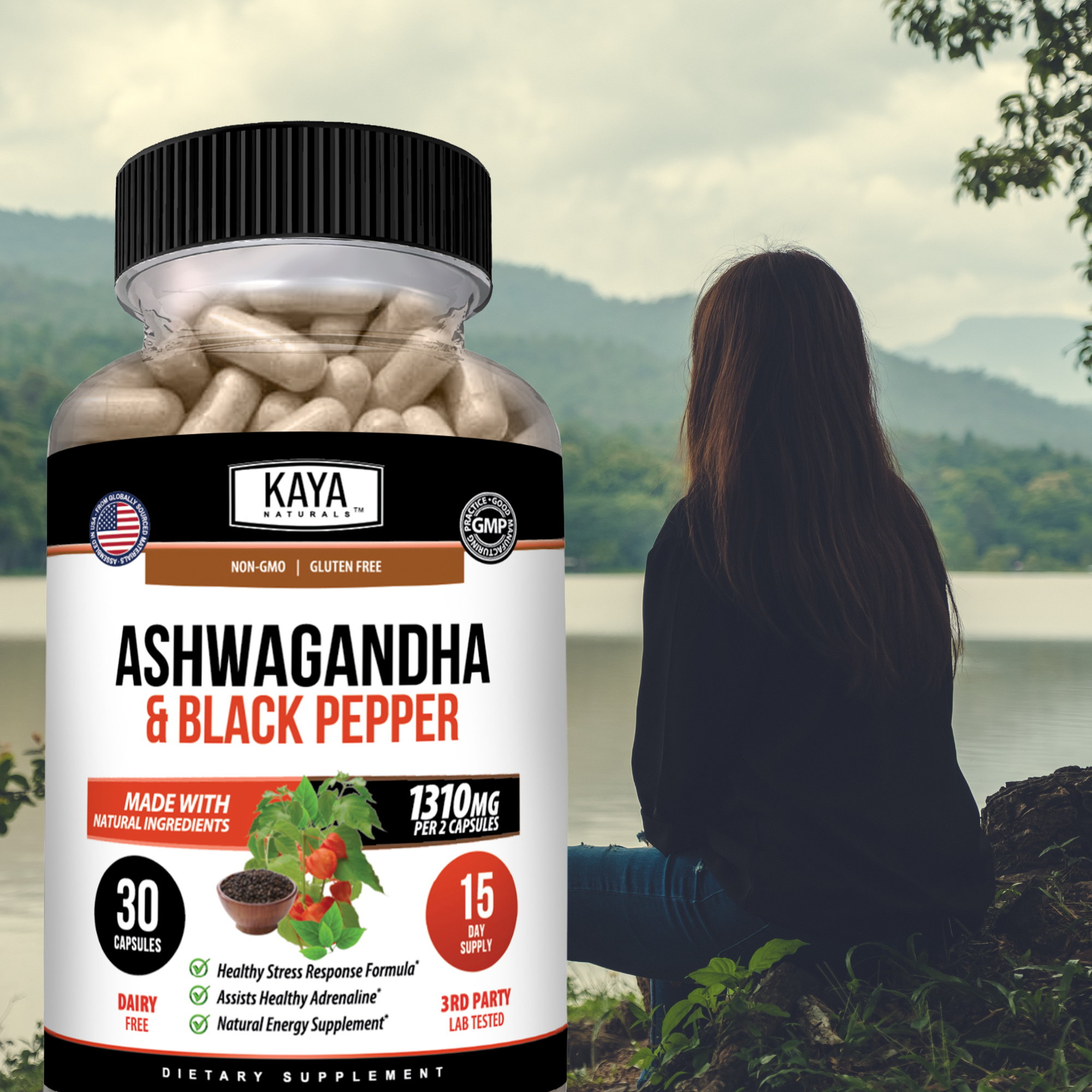 Dried Ashwagandha root and powder capsules from Kaya Naturals, herbal supplement for wellness and stress relief.
