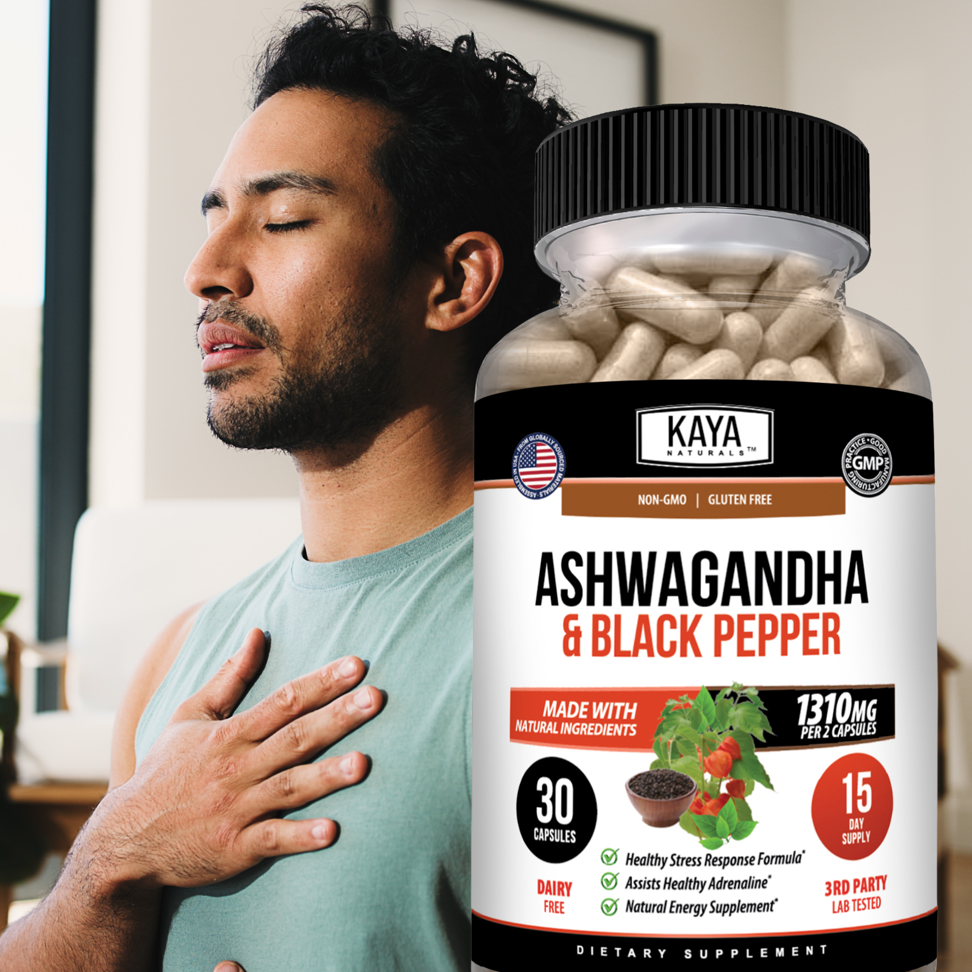 Organic Ashwagandha supplement from Kaya Naturals in a white bottle with a green label, featuring dried Ashwagandha roots.