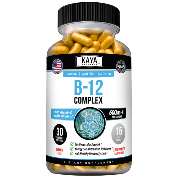 Kaya Naturals B-12 capsules in a white bottle, showing the supplement capsules on the label.