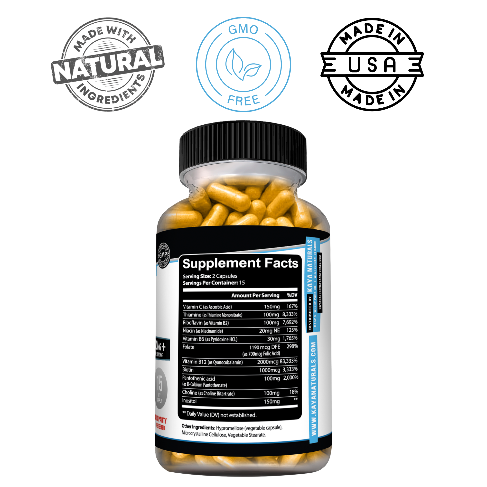Kaya Naturals B-12 Capsules in a bottle, supplement for energy and vitamin B12 intake, with capsules visible in the image.