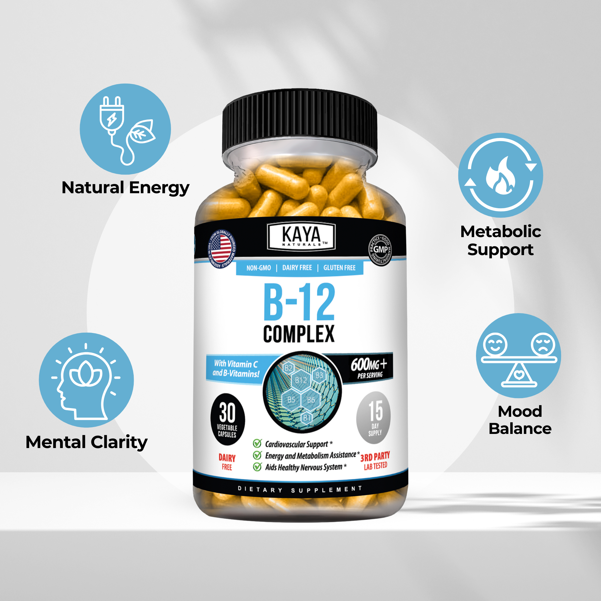 Kaya Naturals B-12 Capsules bottle with 30 capsules, showing the supplement container with label and capsules inside.
