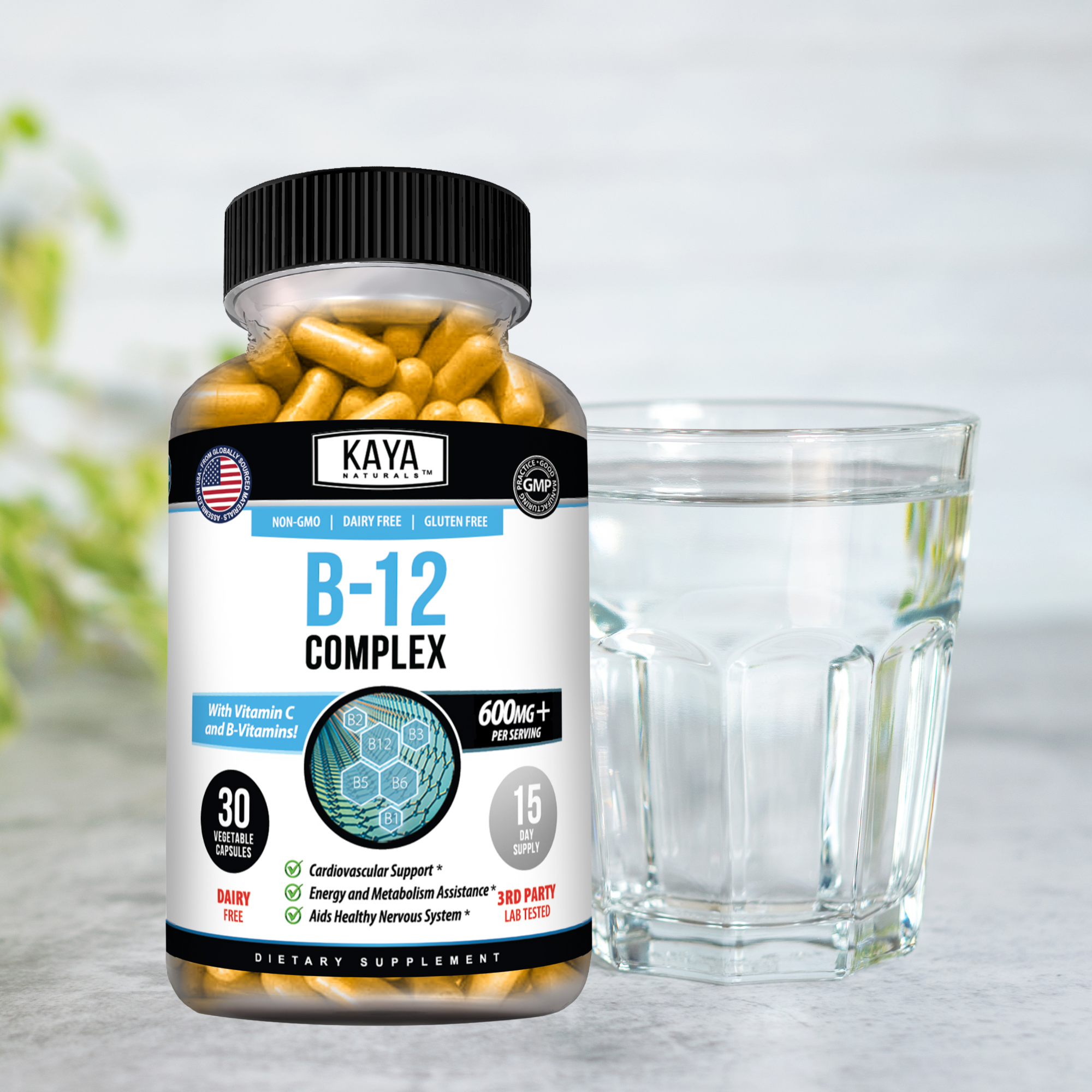 Kaya Naturals B-12 Capsules in a bottle, dietary supplement for energy and vitamin B12 intake