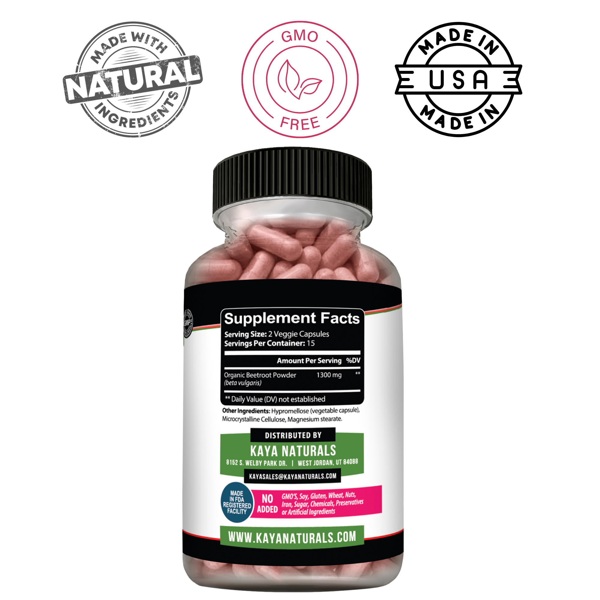 Kaya Naturals Beet Root Capsules, 30 softgel supplements, showing the capsules in clear view on a white background.
