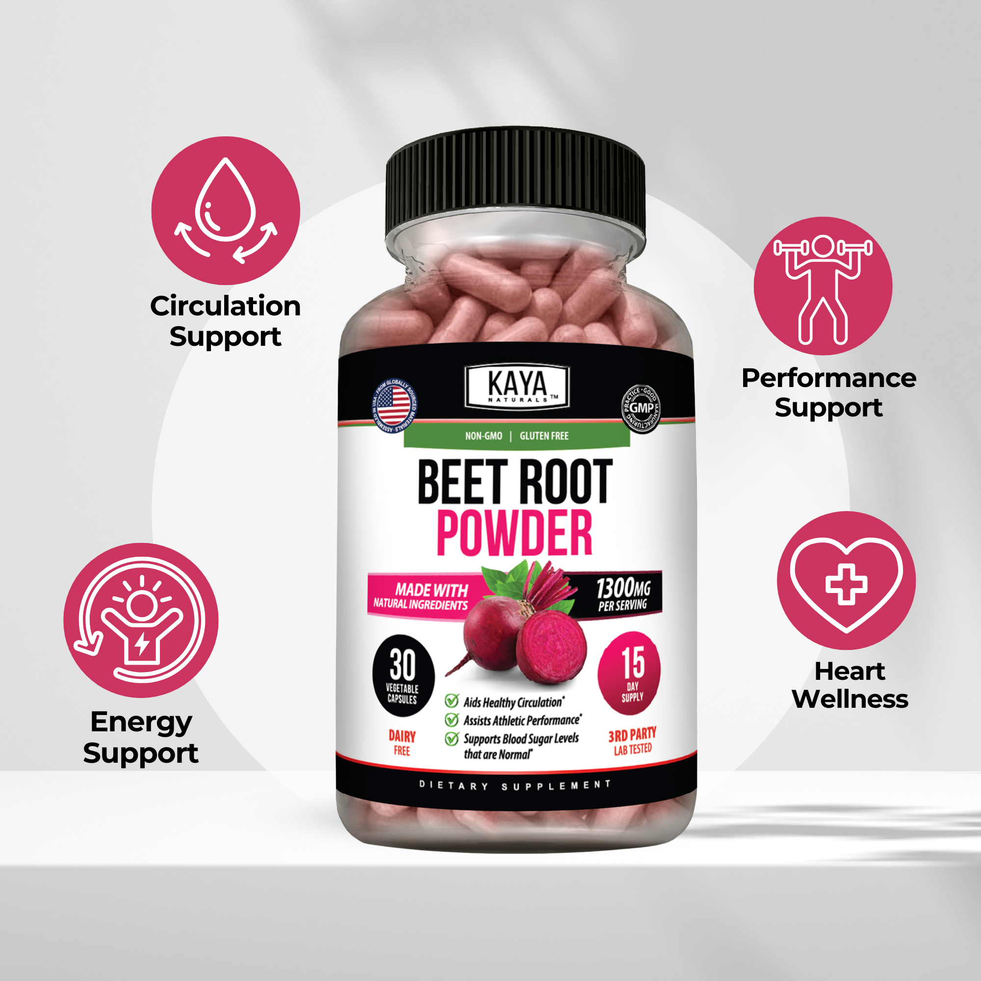 Kaya Naturals Beet Root Capsules in a bottle, showing the supplement capsules for natural health and energy support.