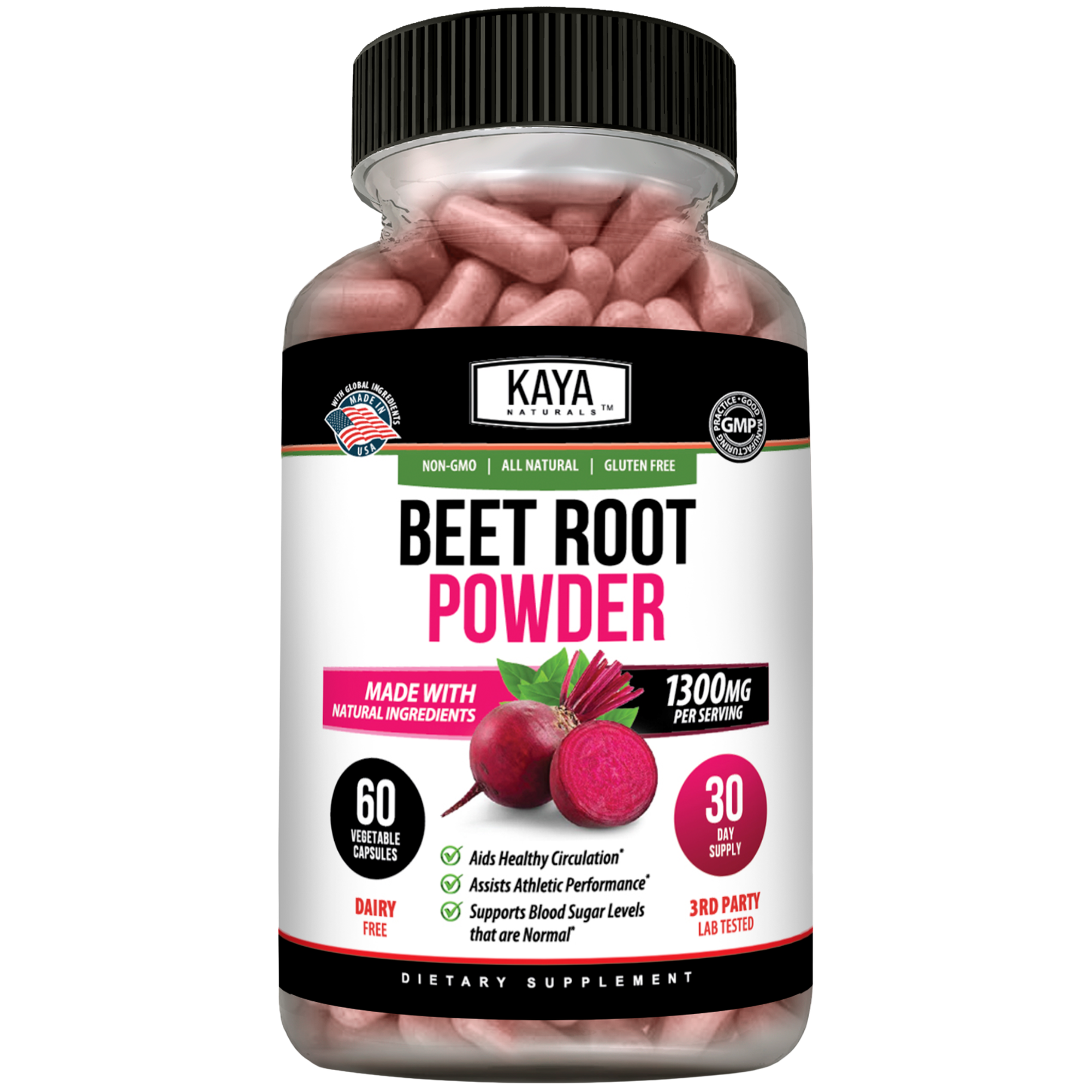 Kaya Naturals Beet Root Capsules in a bottle, showing green and white label with 30 capsules inside.