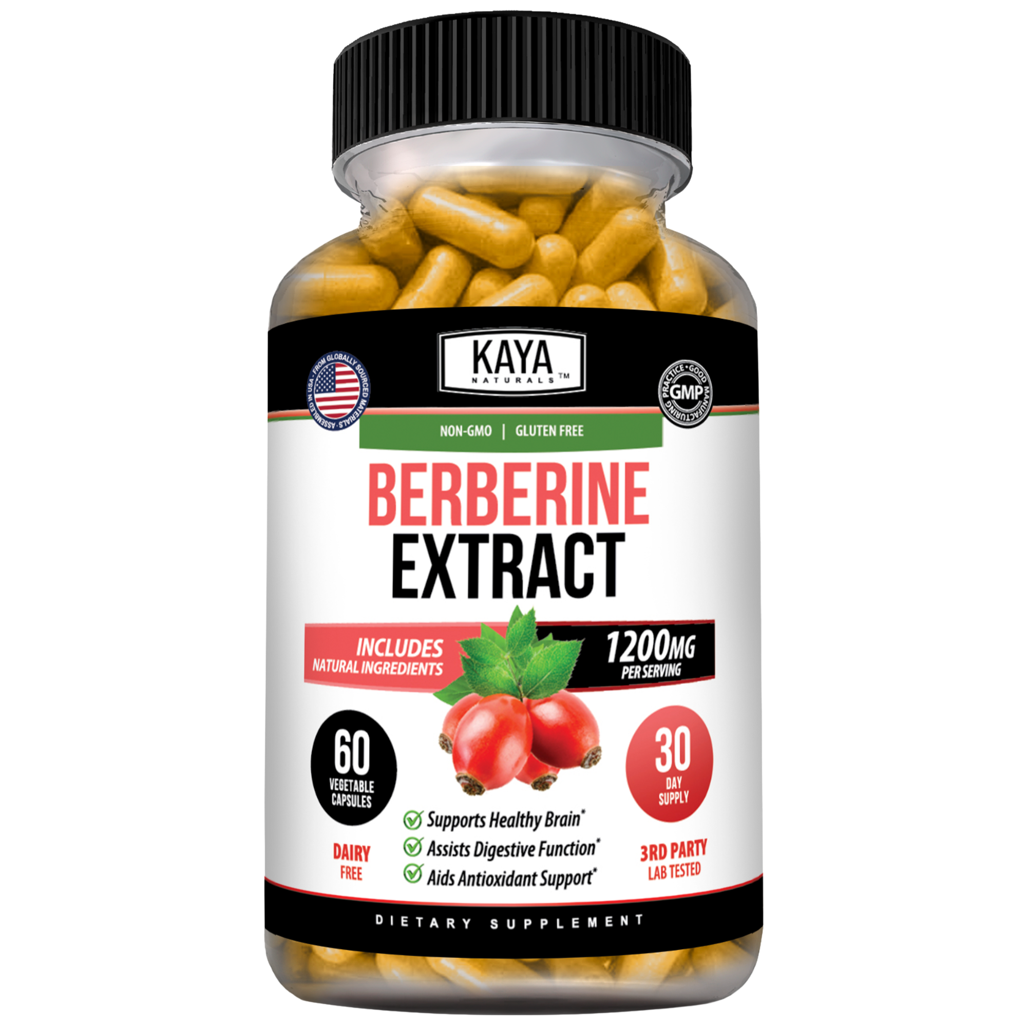 Kaya Naturals Berberine supplement bottle with capsules in clear container on a white background.