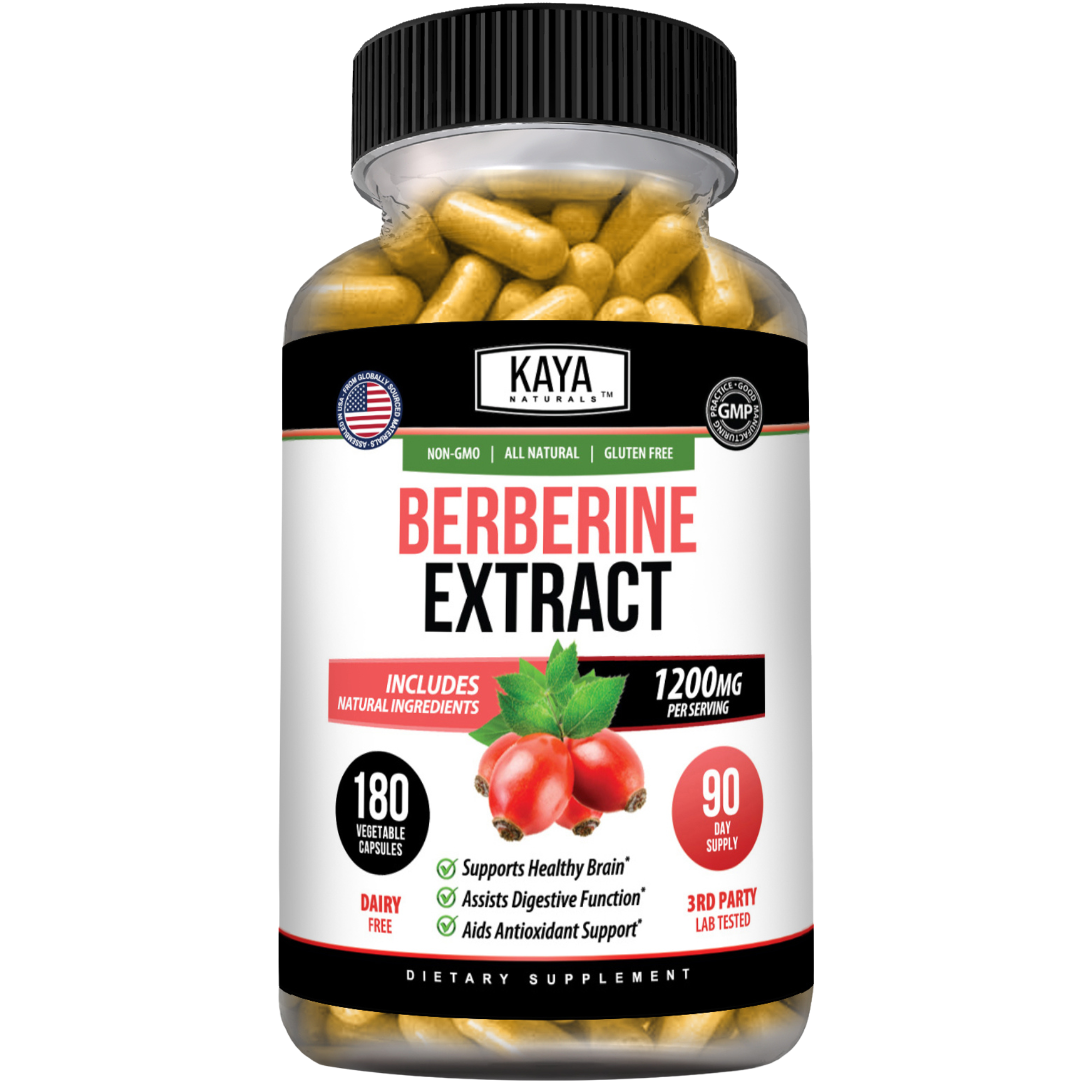 Kaya Naturals Berberine supplement bottle with 30 capsules, showing the label and product packaging.