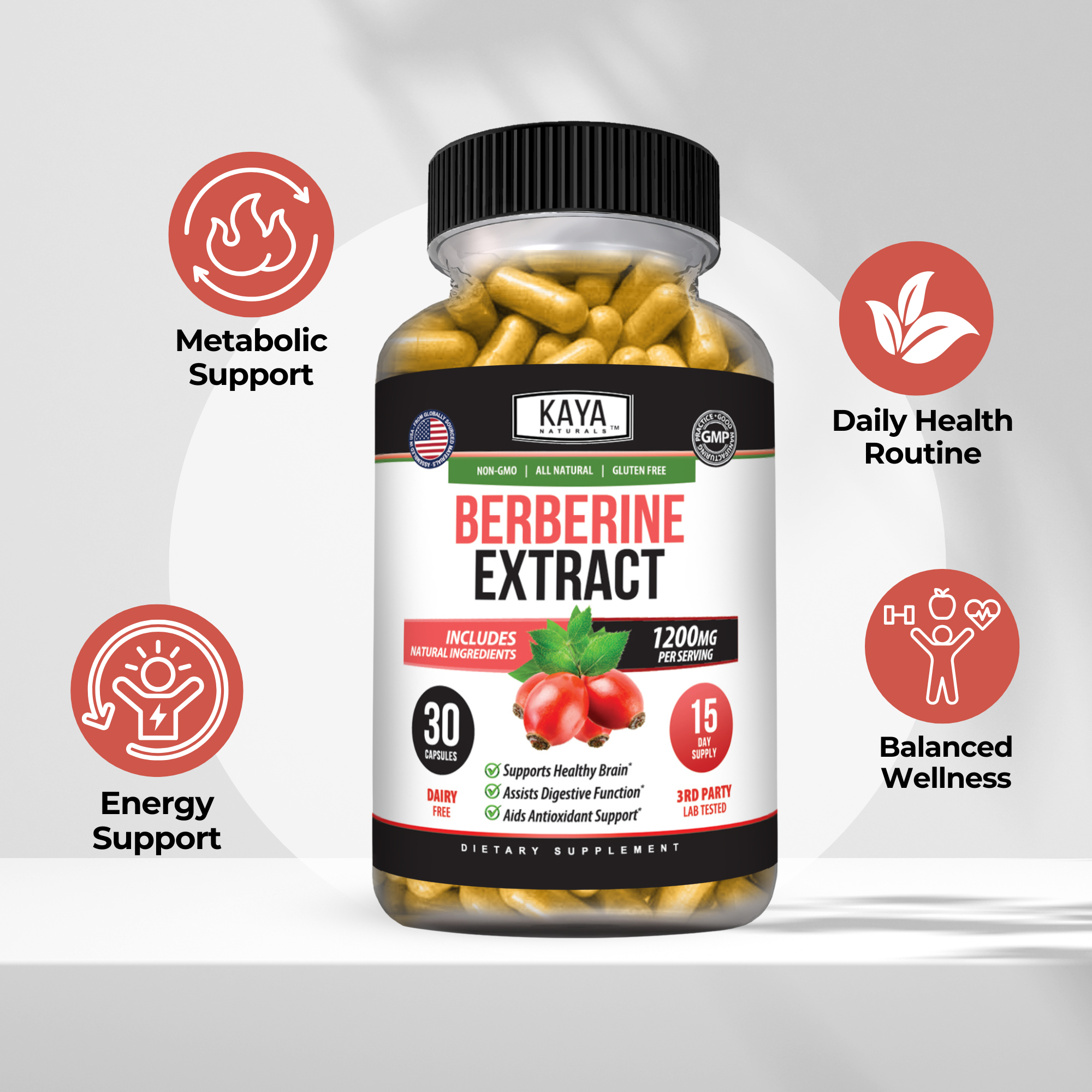 Kaya Naturals Berberine supplement bottle, showing the label with product name and branding on a white background.