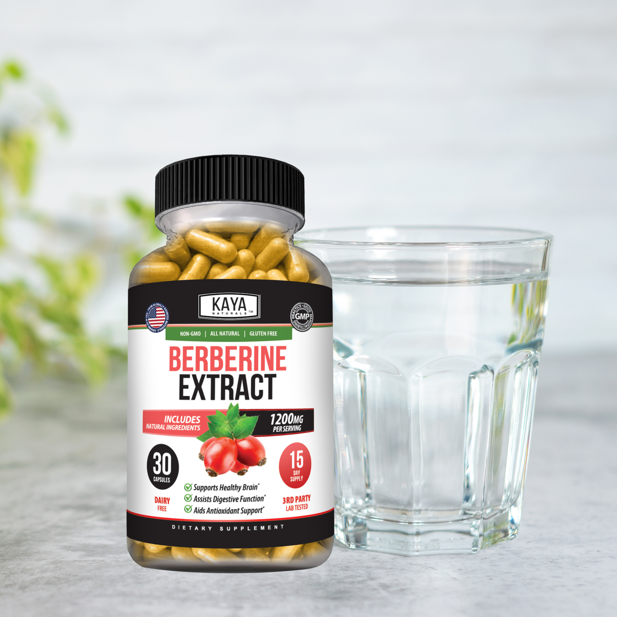 Kaya Naturals Berberine supplement bottle with label, showing 30 capsules in a clear container on a white background.