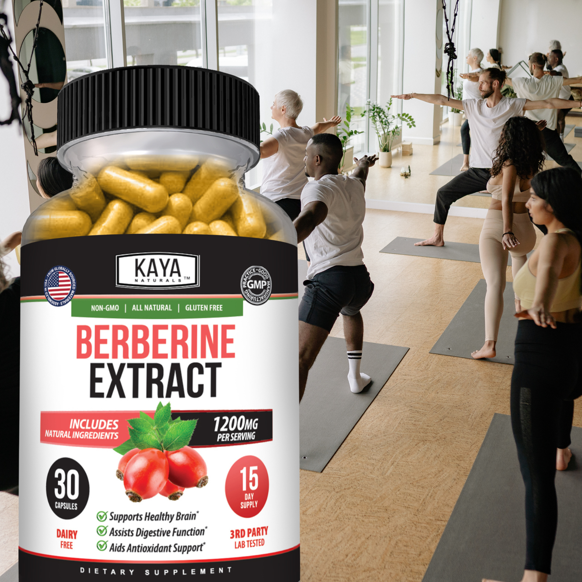 Kaya Naturals Berberine supplement bottle with label, showing 30 capsules in a clear, natural setting.