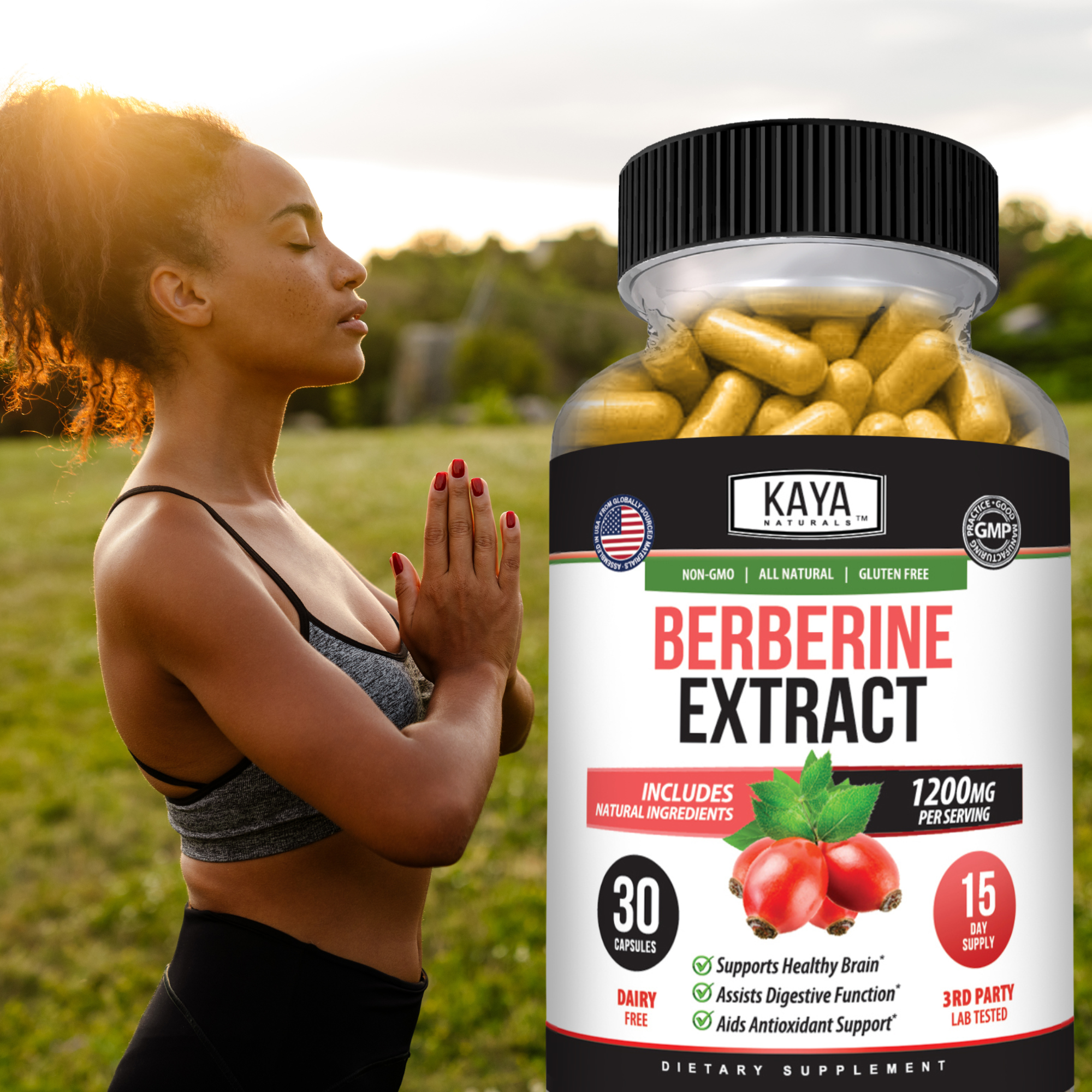 Kaya Naturals Berberine supplement bottle with capsules, showing the product label and capsules inside the container.