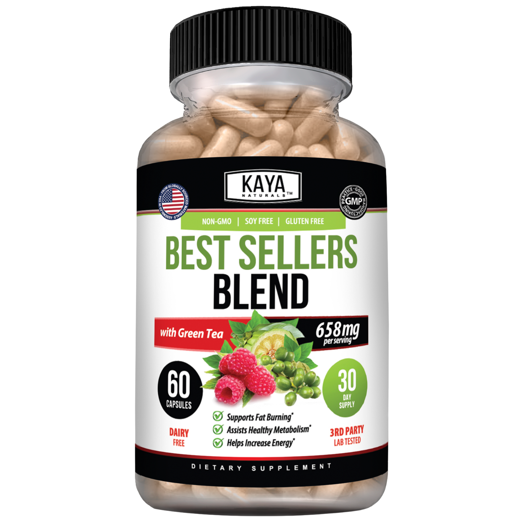 Assorted Kaya Naturals Best Sellers Blend bottles arranged together, showcasing a variety of natural supplement products.