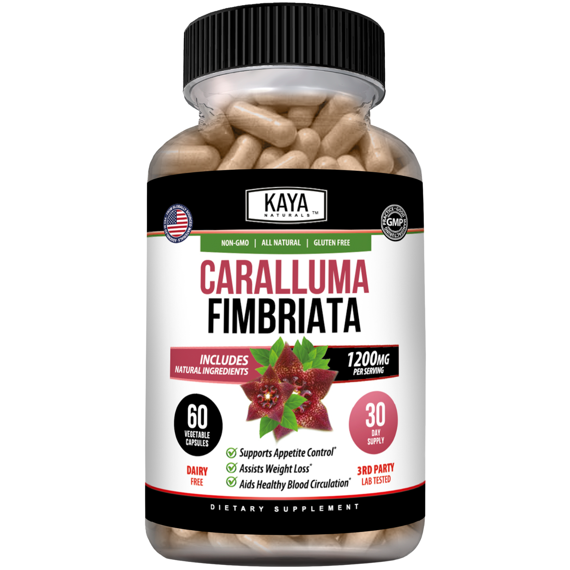 Bottle of Kaya Naturals Caralluma Fimbriata supplement for appetite support, with label showing product details and branding.