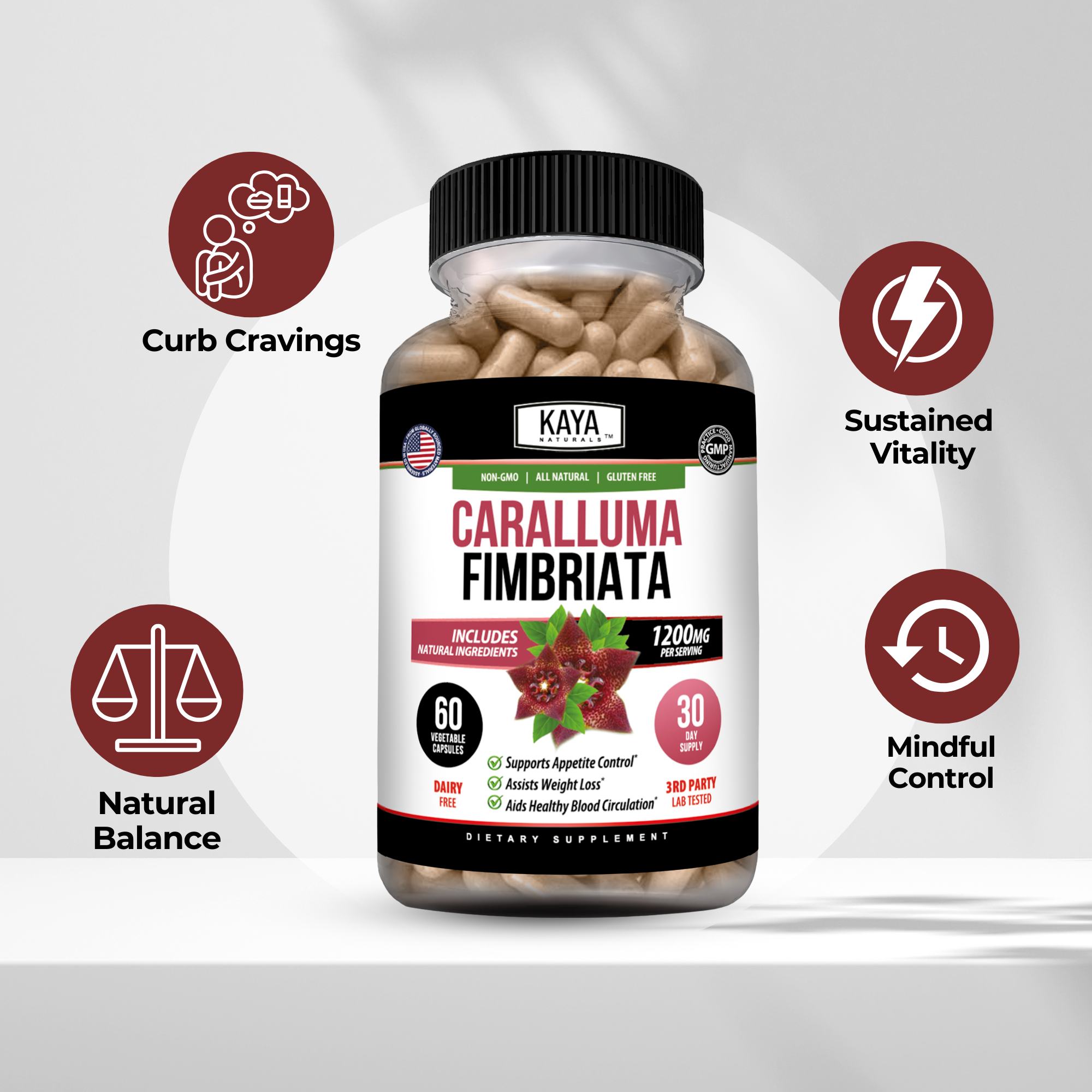 Kaya Naturals Caralluma Fimbriata supplement for appetite support, showing a bottle of capsules on a white background.