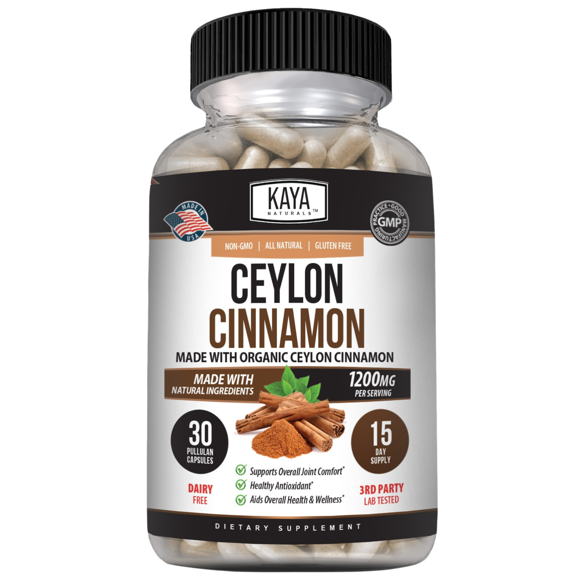 Ground Ceylon cinnamon from Kaya Naturals in a clear glass jar with a brown label, showcasing the aromatic spice.