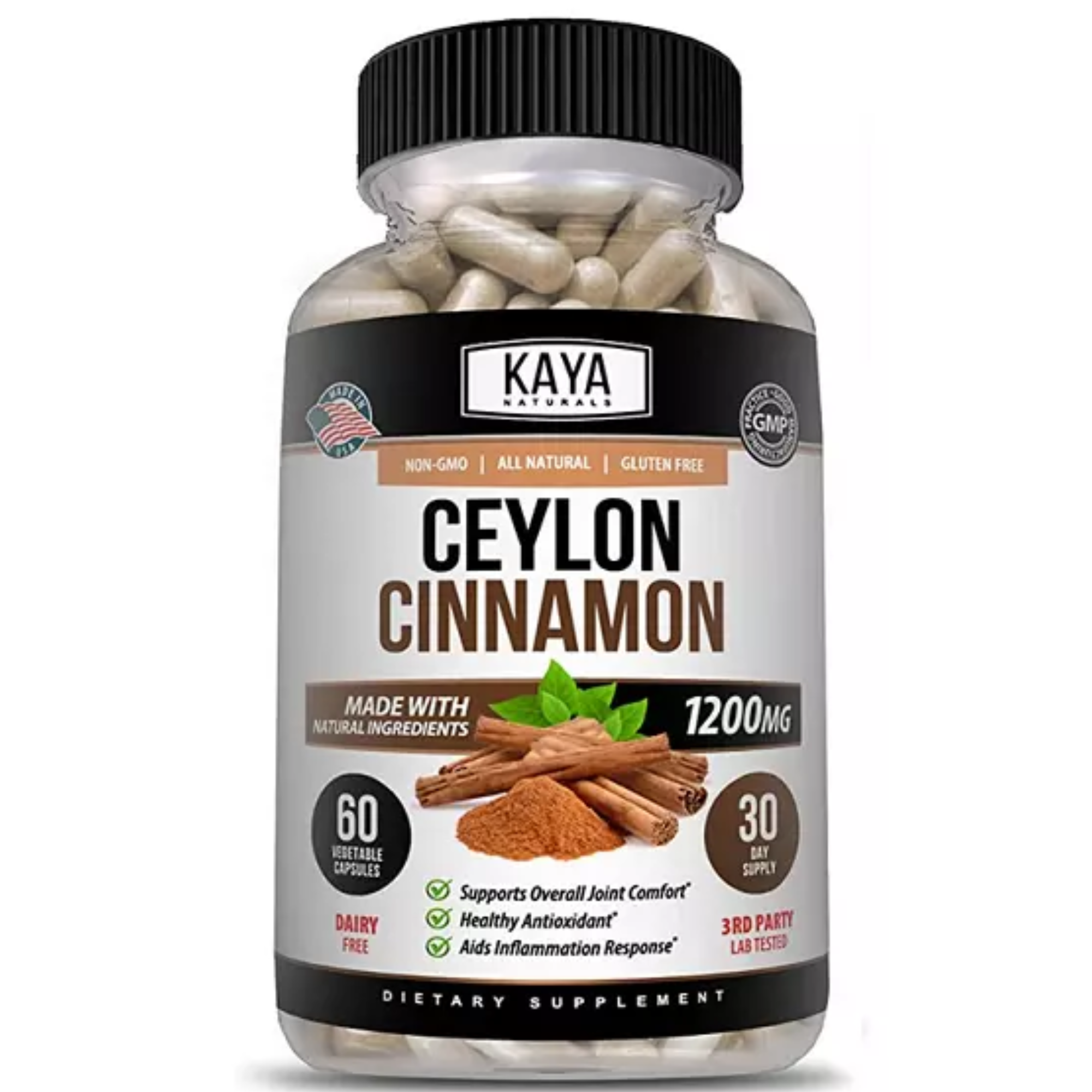 Ceylon Cinnamon sticks from Kaya Naturals displayed in a clear glass jar on a wooden surface.