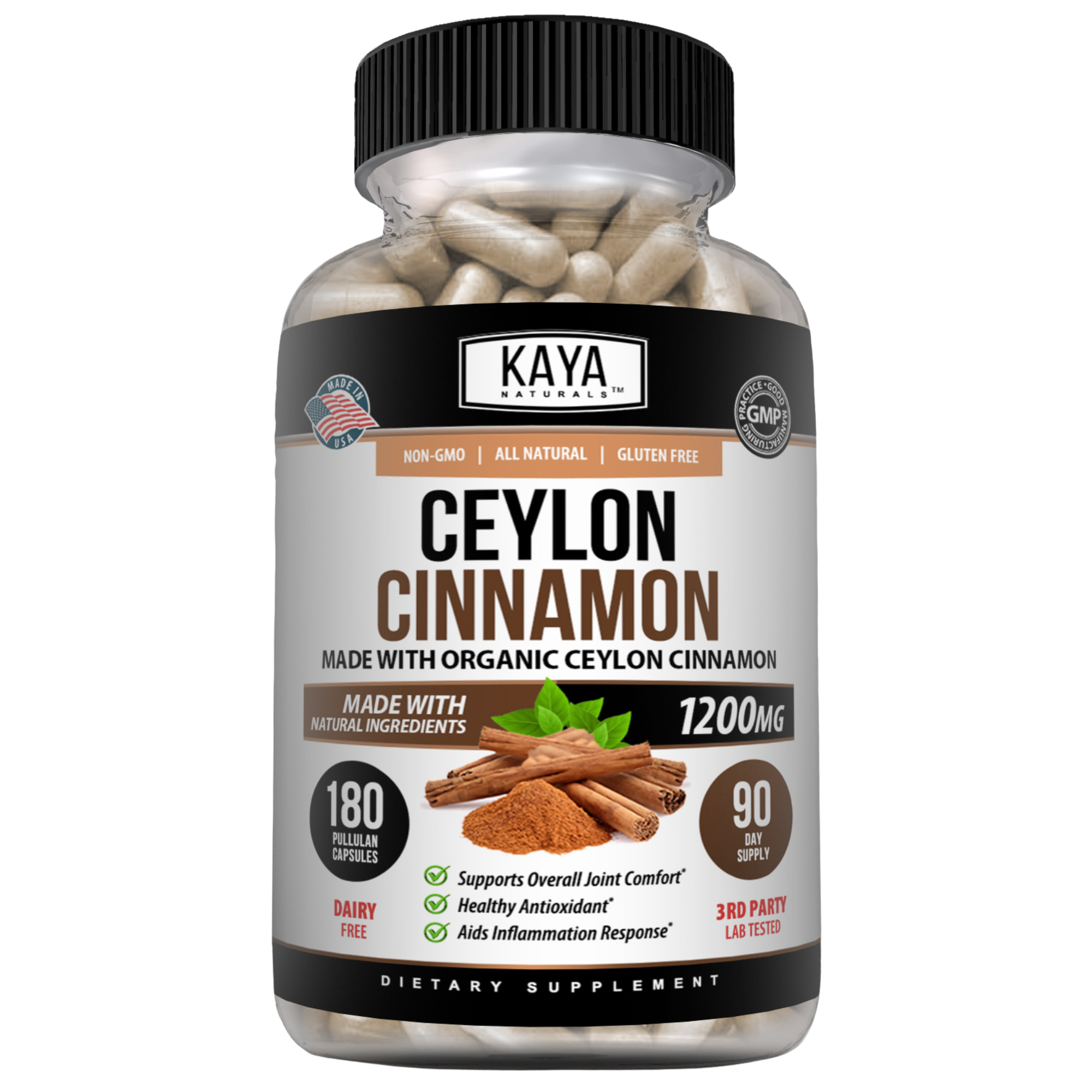 Ceylon cinnamon sticks from Kaya Naturals, showing the aromatic brown cinnamon in a clear jar.