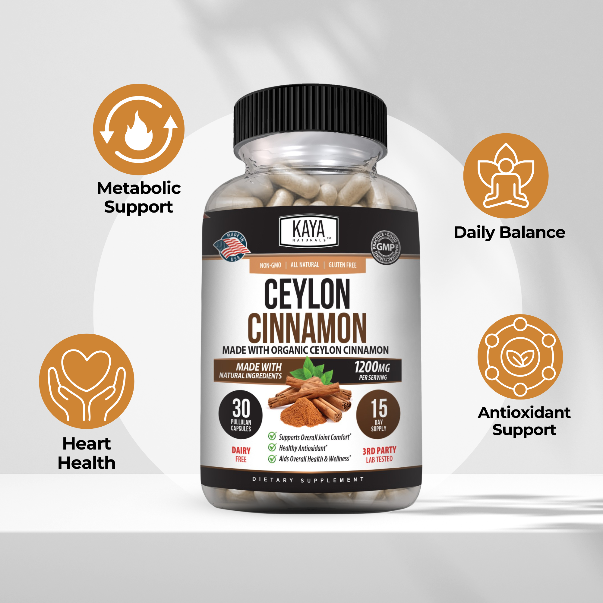 Ground Ceylon Cinnamon spice from Kaya Naturals in a clear container, showcasing its rich brown color and fine texture.