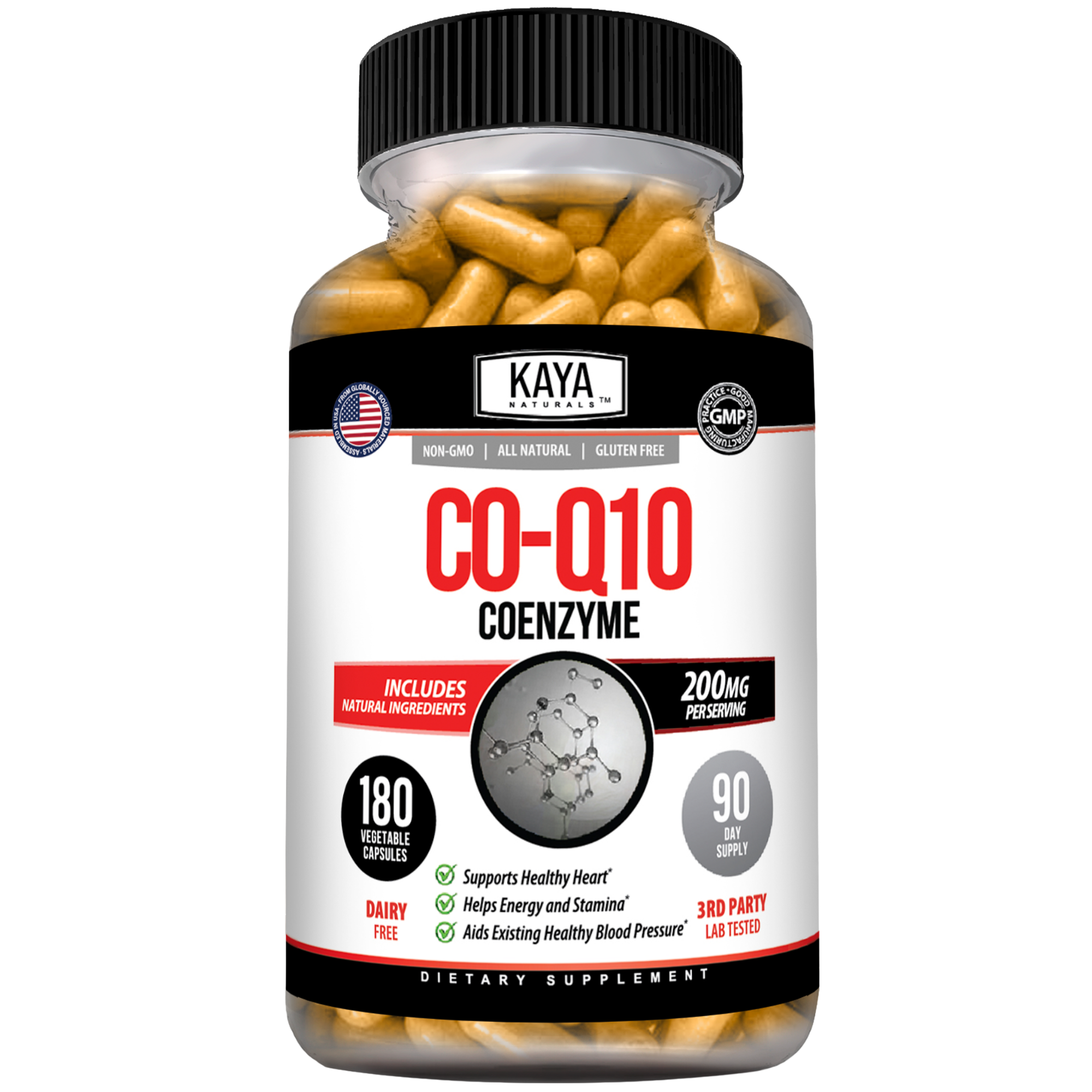 Kaya Naturals CoQ10 supplement bottle with 30 softgel capsules, shown in a close-up image.