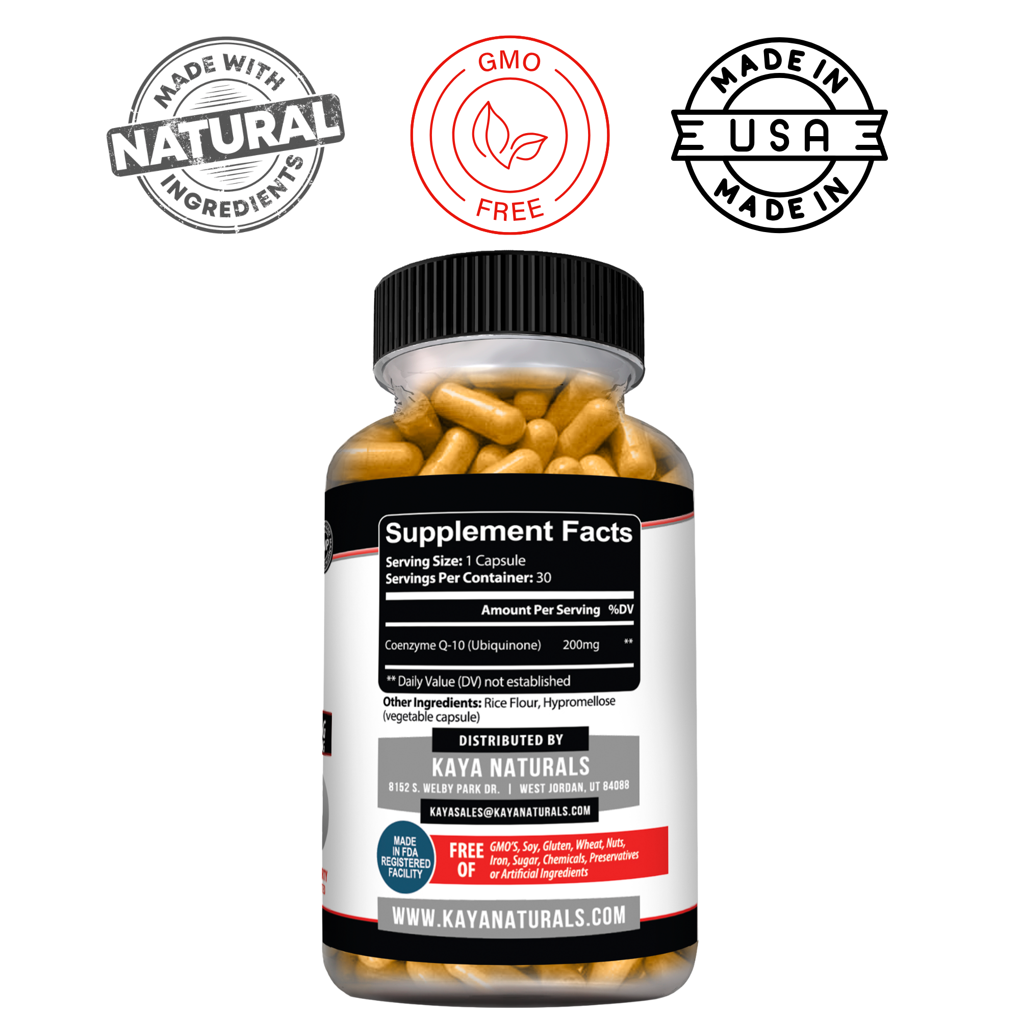 Kaya Naturals CoQ10 supplement bottle with 30 softgel capsules, featuring a white and green label on a plain background.