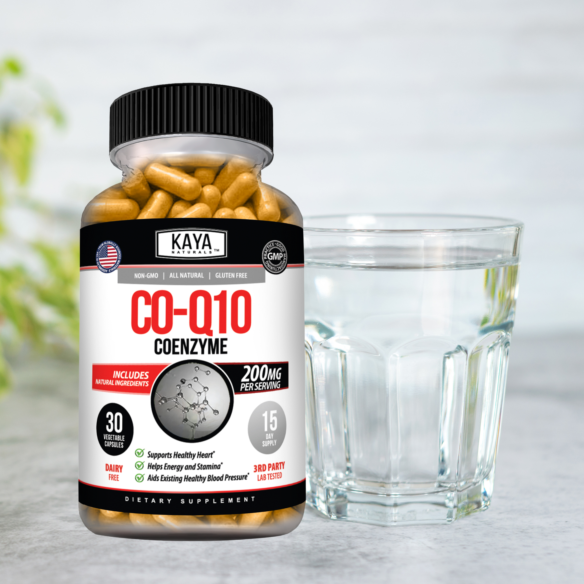 Kaya Naturals CoQ10 supplement bottle with 30 softgels, showing the product label and capsule images.