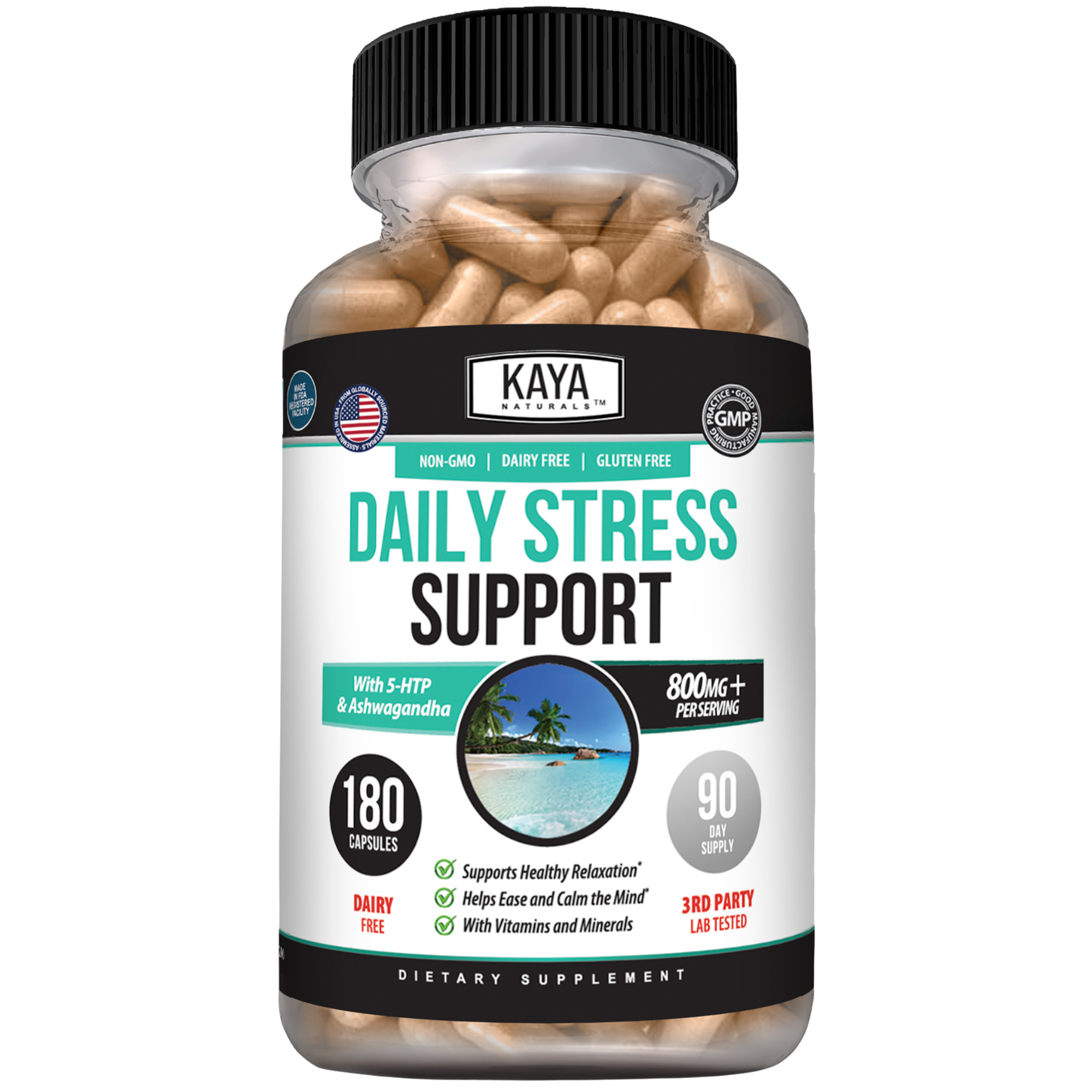 Bottle of Kaya Naturals Daily Stress Support supplement with capsules on a neutral background
